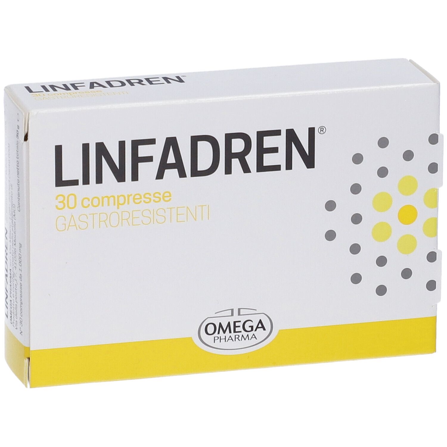 Scatola di compresse "Linfadren". 30 compresse gastroresistenti. Marchio Omega Pharma.