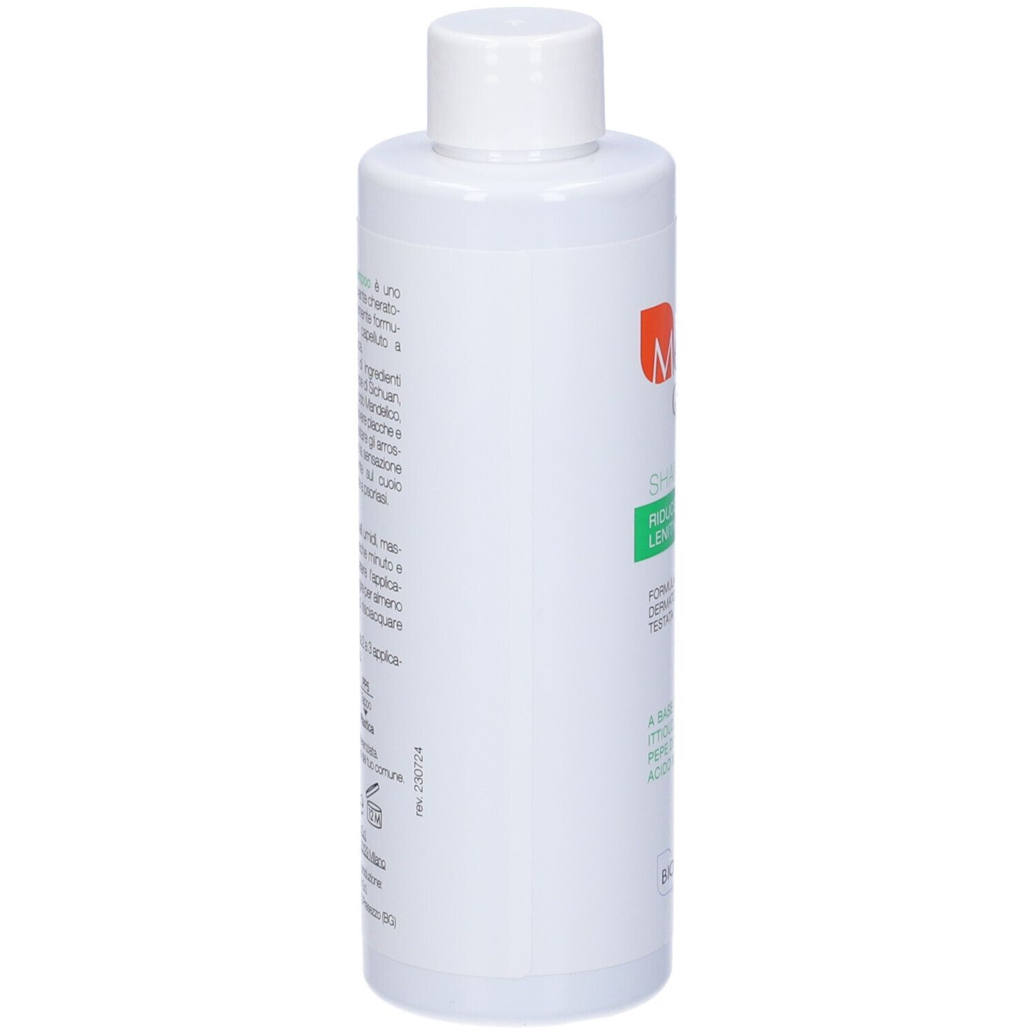 Shampoo bianco con logo arancione e testo verde. Scritta: Mellis Cap Shampoo Riducente Lenitivo.