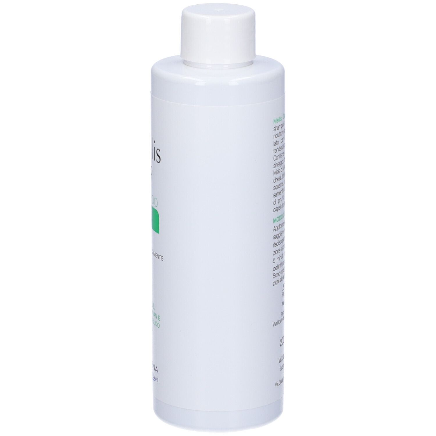 Shampoo bianco con logo arancione e testo verde. Scritta: Mellis Cap Shampoo Riducente Lenitivo.