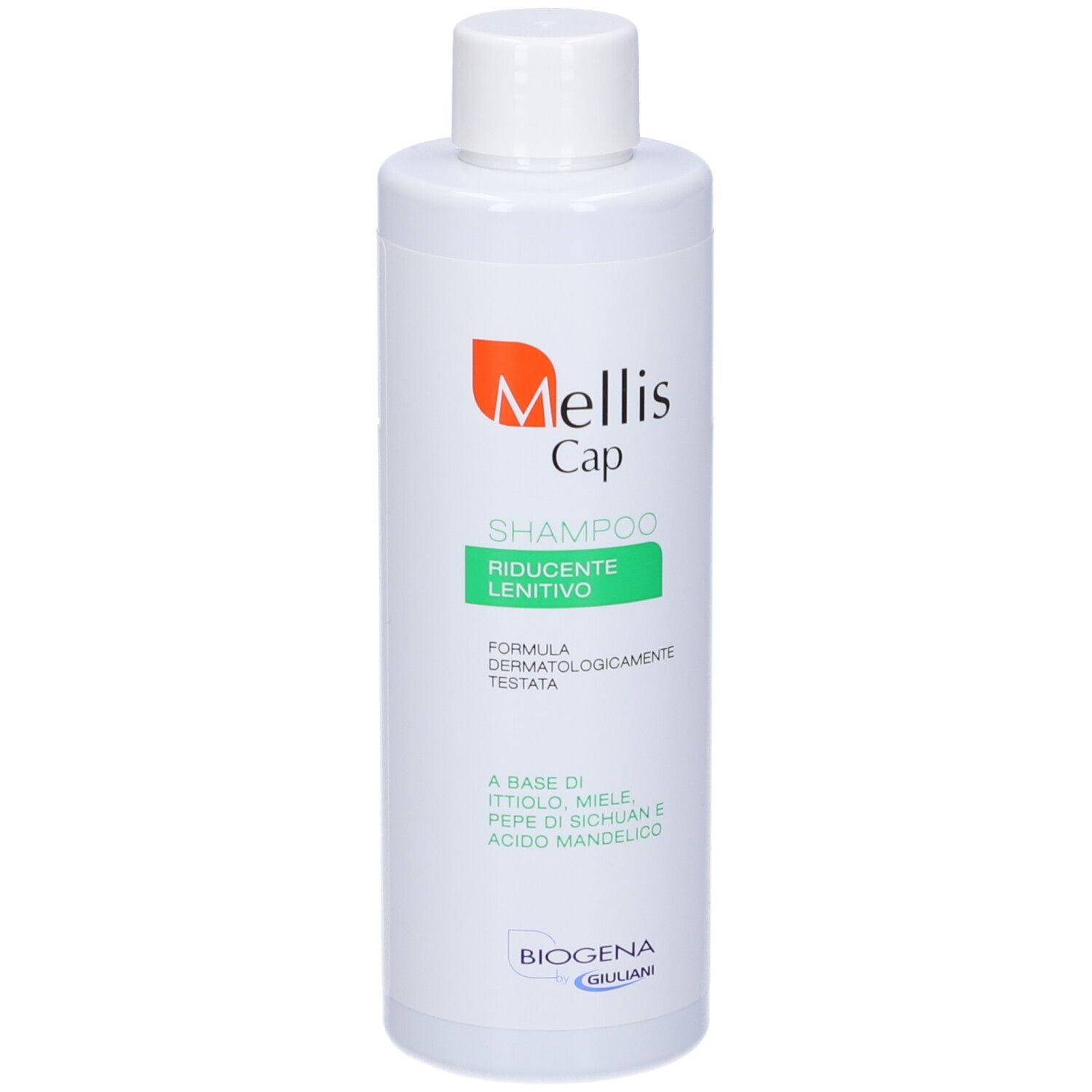 Shampoo bianco con logo arancione e testo verde. Scritta: Mellis Cap Shampoo Riducente Lenitivo.