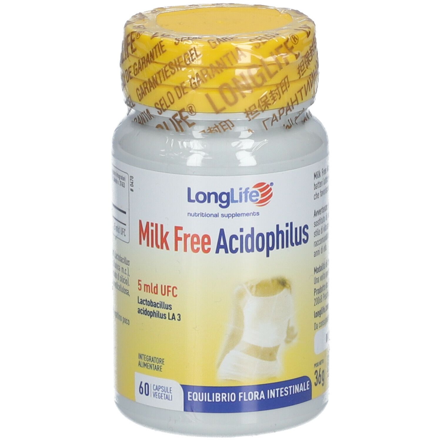 Flacone bianco con tappo giallo. Scritta: Milk Free Acidophilus. 60 capsule. Con sigillo.