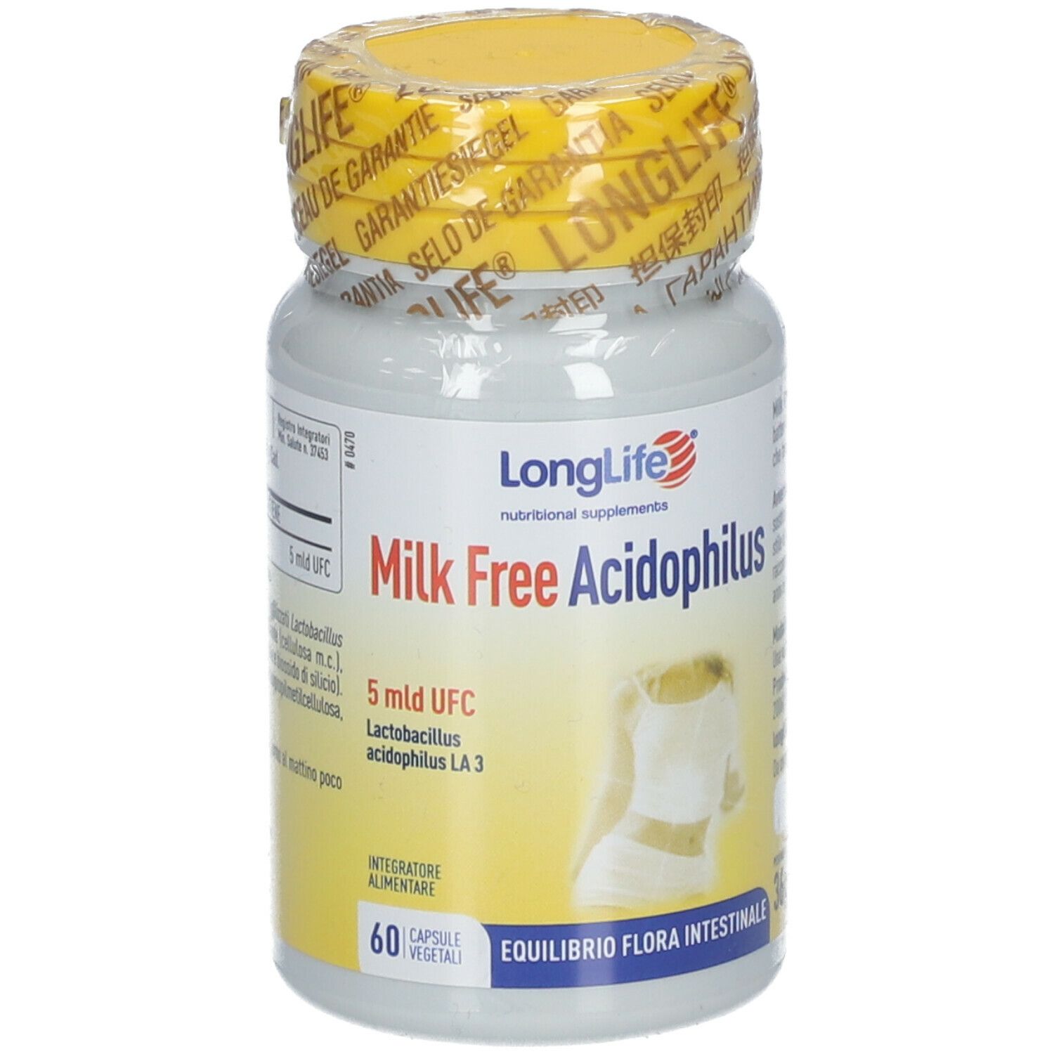 Flacone con tappo giallo. Scritta: Milk Free Acidophilus. 60 capsule. Con sigillo.