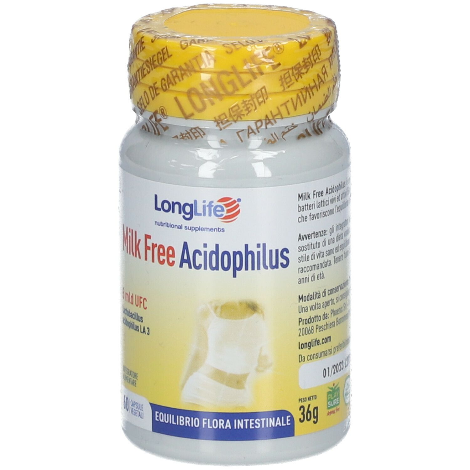 Flacone con tappo giallo. Scritta: Milk Free Acidophilus. 36g. 60 capsule. Con sigillo.