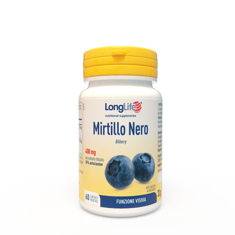 Flacone bianco con tappo giallo. Scritta: LongLife Mirtillo Nero, immagine mirtilli. 60 capsule, Funzione Visiva.