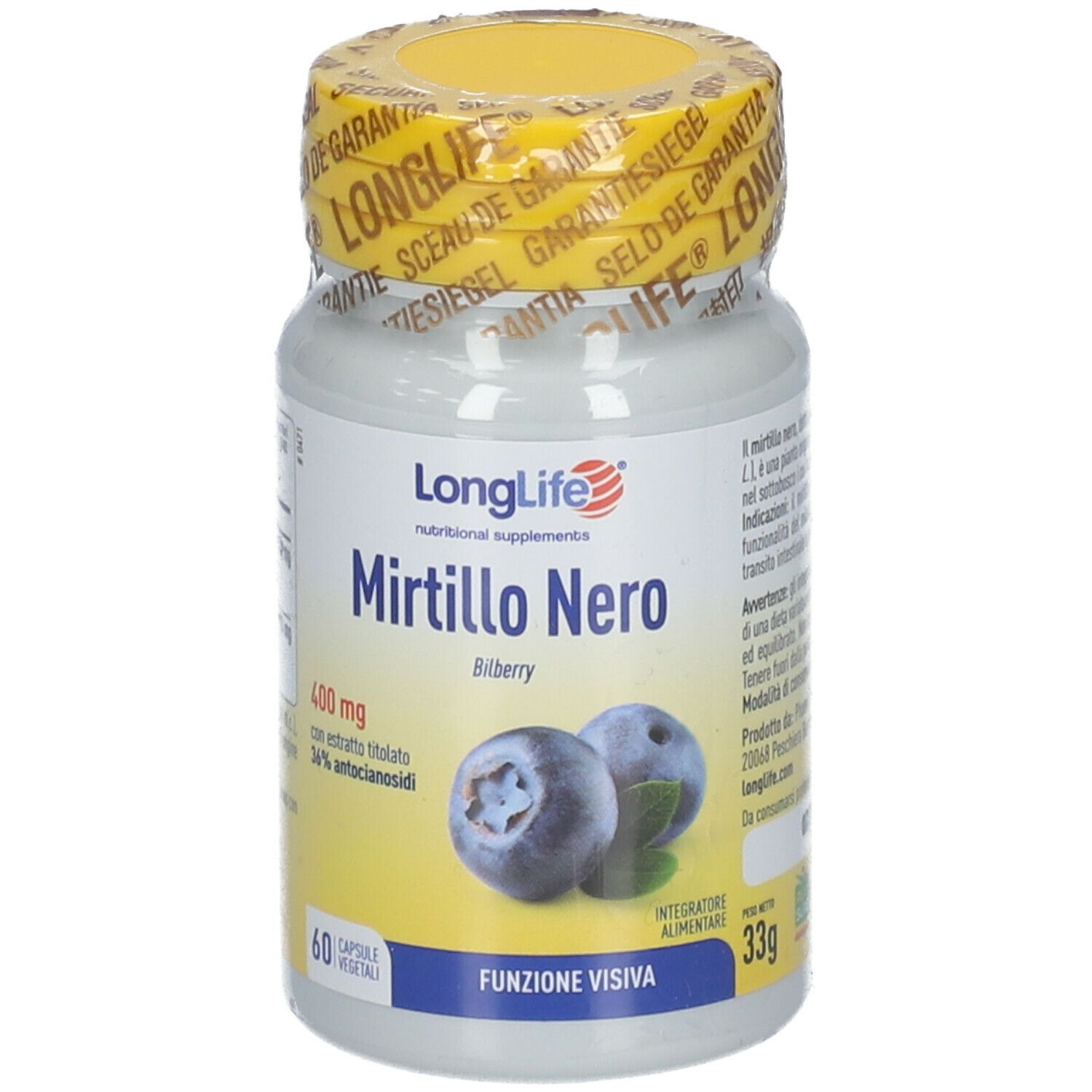 Flacone bianco con tappo e sigillo gialli. Scritta: LongLife Mirtillo Nero, immagine mirtilli. 60 capsule.