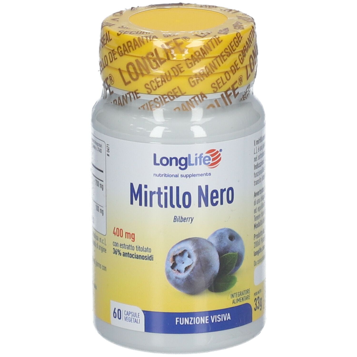 Flacone bianco con tappo e sigillo gialli. Scritta: LongLife Mirtillo Nero, immagine mirtilli. 60 capsule.