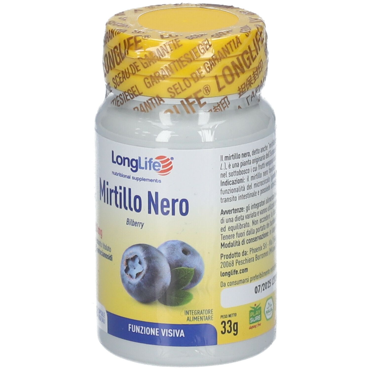 Flacone bianco con tappo e sigillo gialli. Scritta: LongLife Mirtillo Nero, immagine mirtilli. 60 capsule.