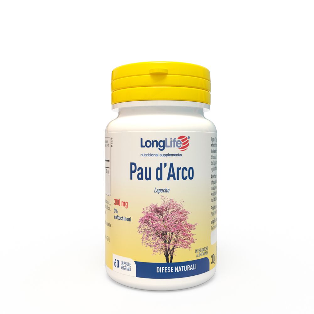 Flacone bianco con tappo giallo. Scritta: LongLife Pau d'Arco. Immagine di albero. 60 capsule. Scritta: Difese naturali.