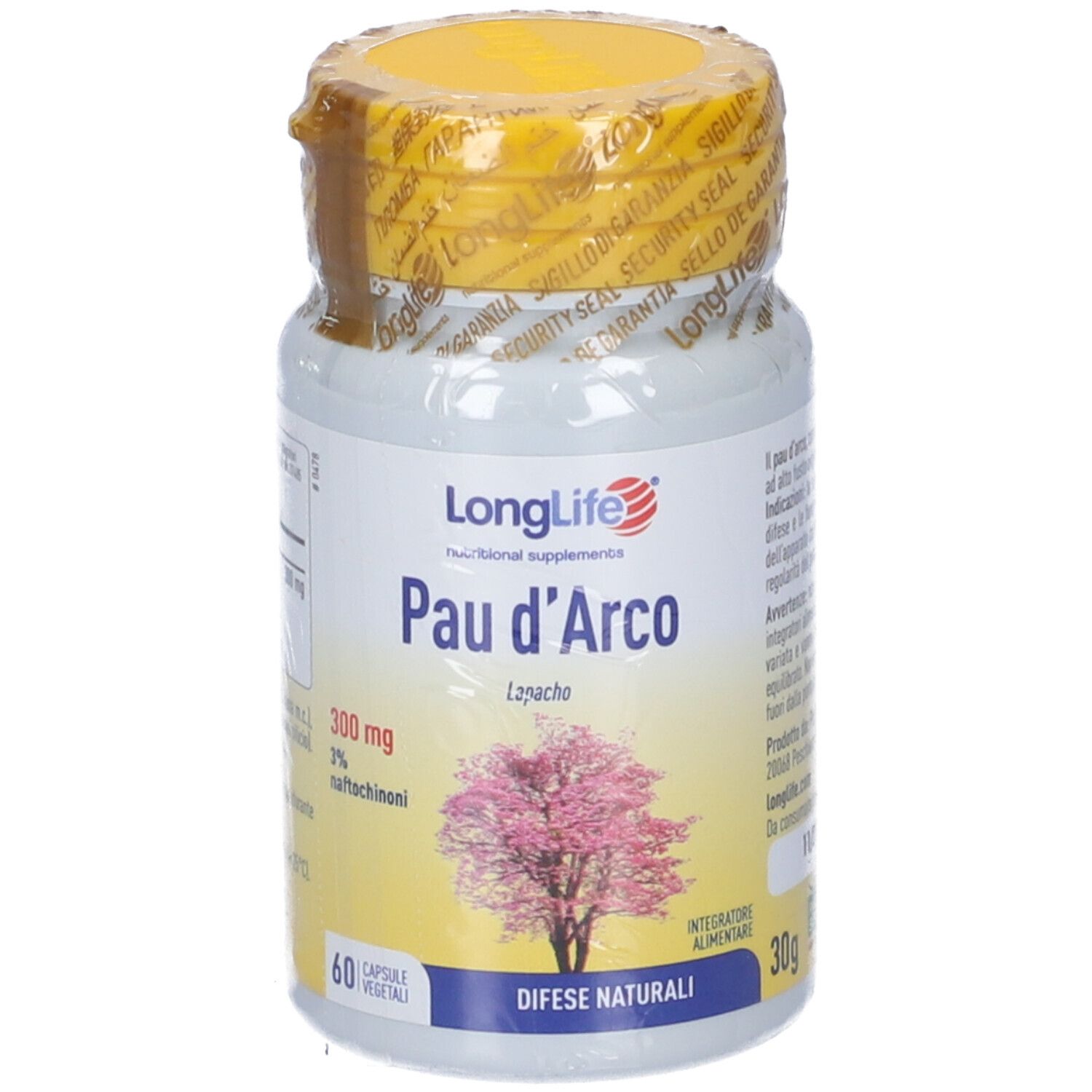 Flacone con tappo giallo e sigillo. Scritta: LongLife Pau d'Arco. Immagine di albero. 60 capsule. Scritta: Difese naturali.