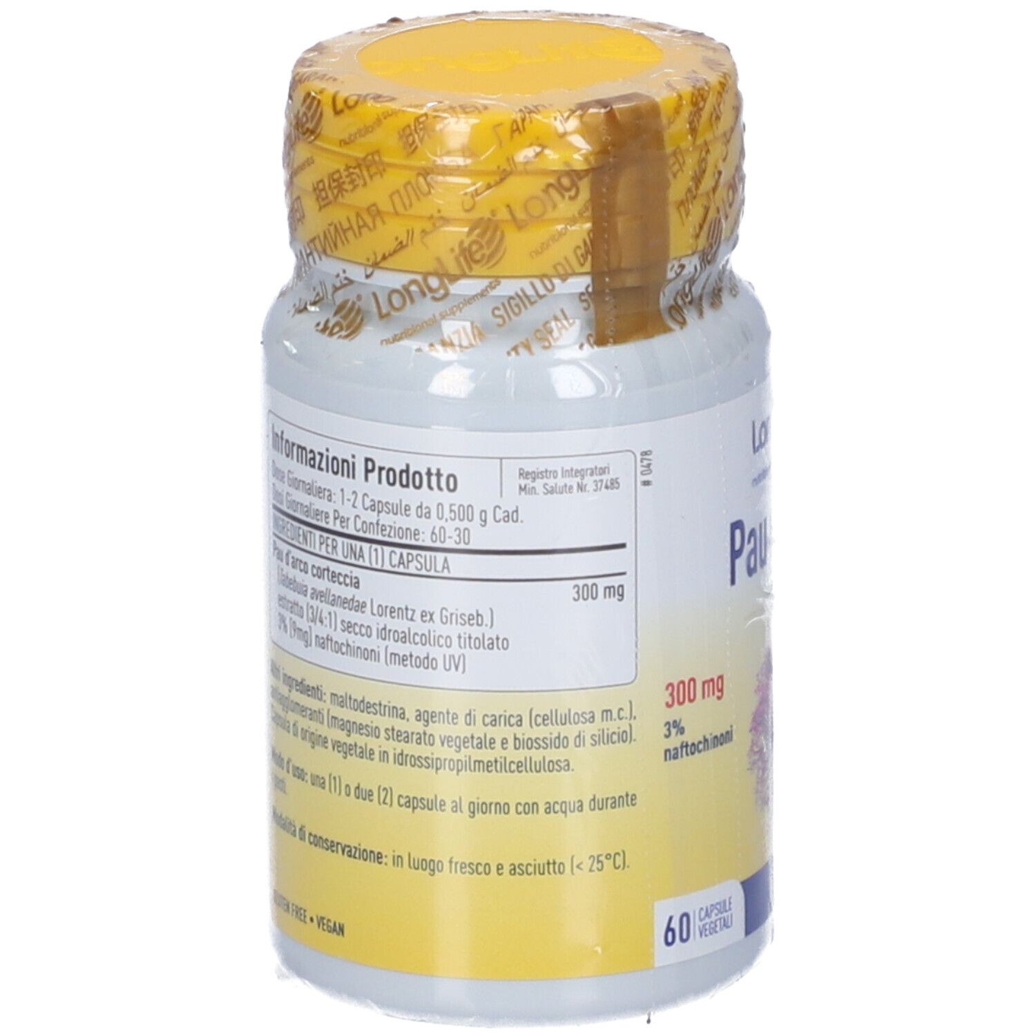 Flacone con tappo giallo e sigillo. Retro con informazioni sul prodotto. 60 capsule. Vegano.