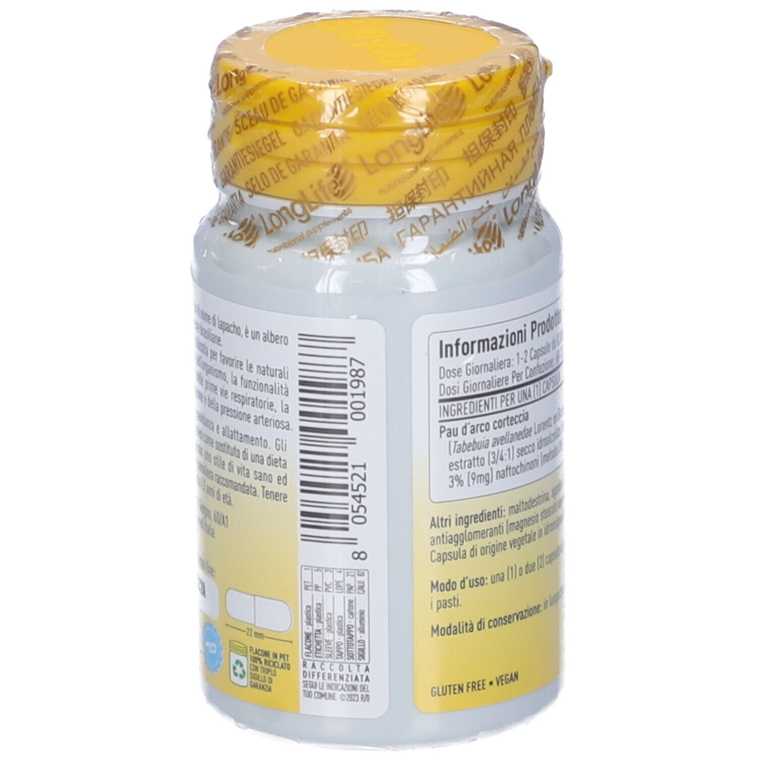 Flacone con tappo giallo e sigillo. Retro con informazioni sul prodotto. 60 capsule. Vegano.