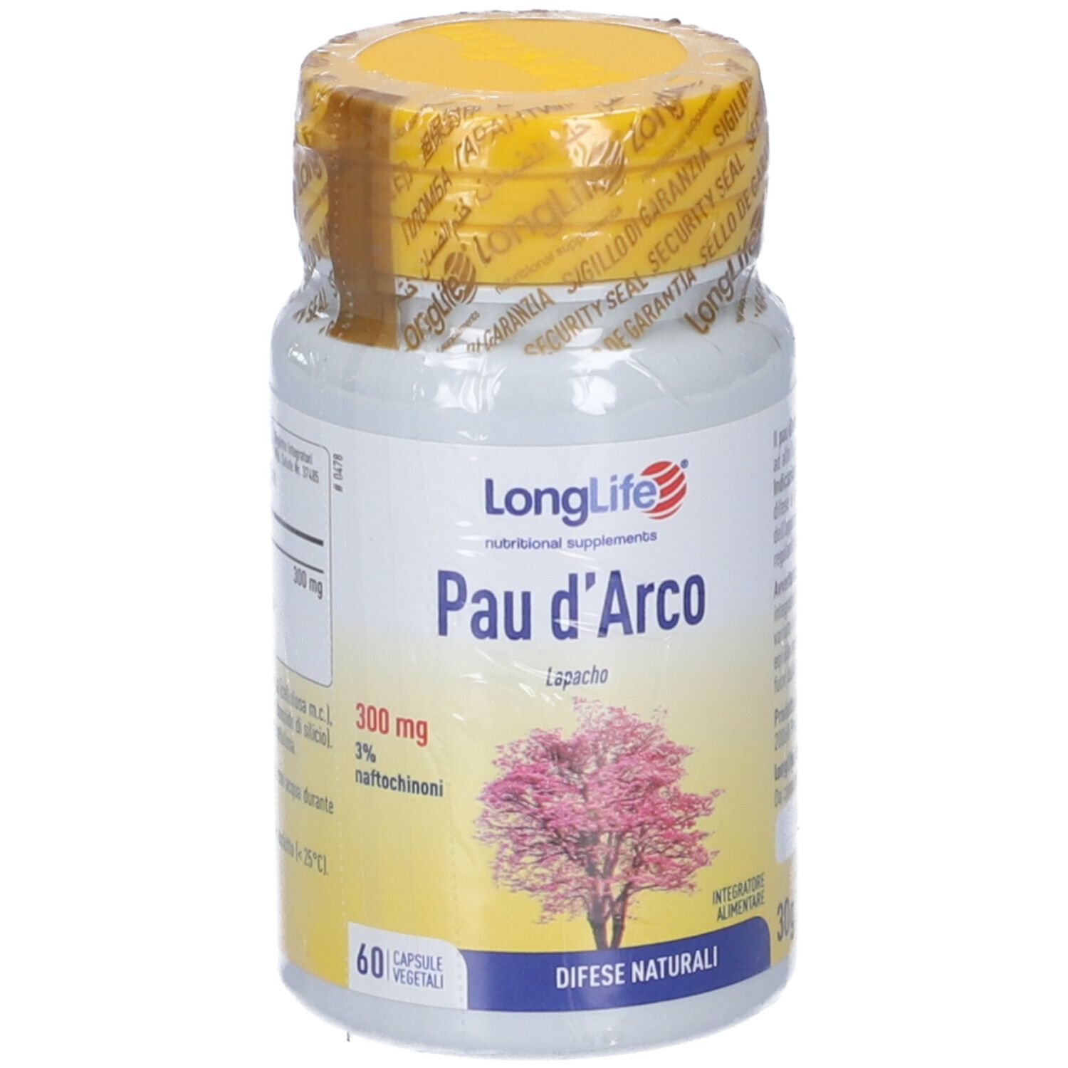 Flacone con tappo giallo e sigillo. Scritta: LongLife Pau d'Arco. Immagine di albero. 60 capsule. Scritta: Difese naturali.