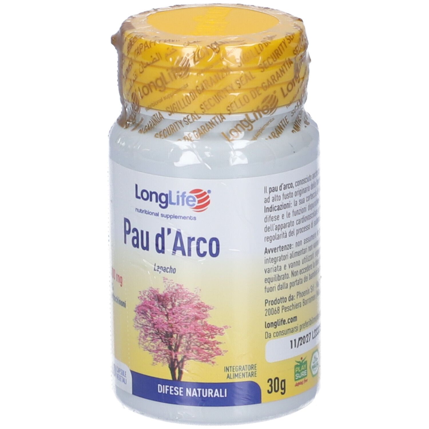 Flacone con tappo giallo e sigillo. Scritta: LongLife Pau d'Arco. Immagine di albero. 60 capsule. Scritta: Difese naturali.