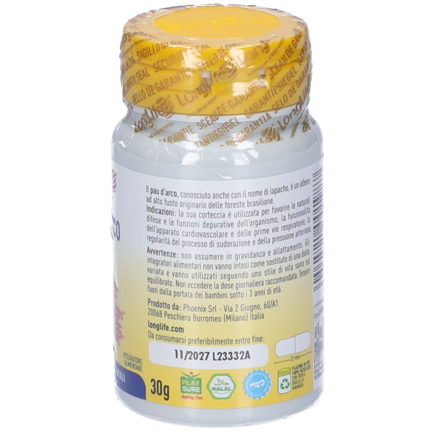 Flacone con tappo giallo e sigillo. Retro con informazioni sul prodotto. 30g. Vegano. Scadenza.