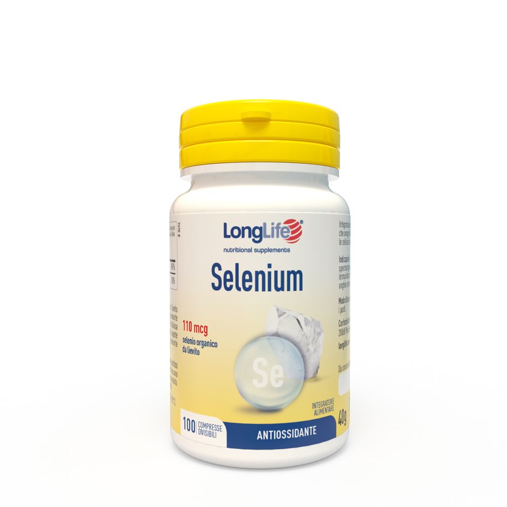 Integratore alimentare bianco in bottiglia con tappo giallo. Scritta: Selenium, 110 mcg, 100 compresse.