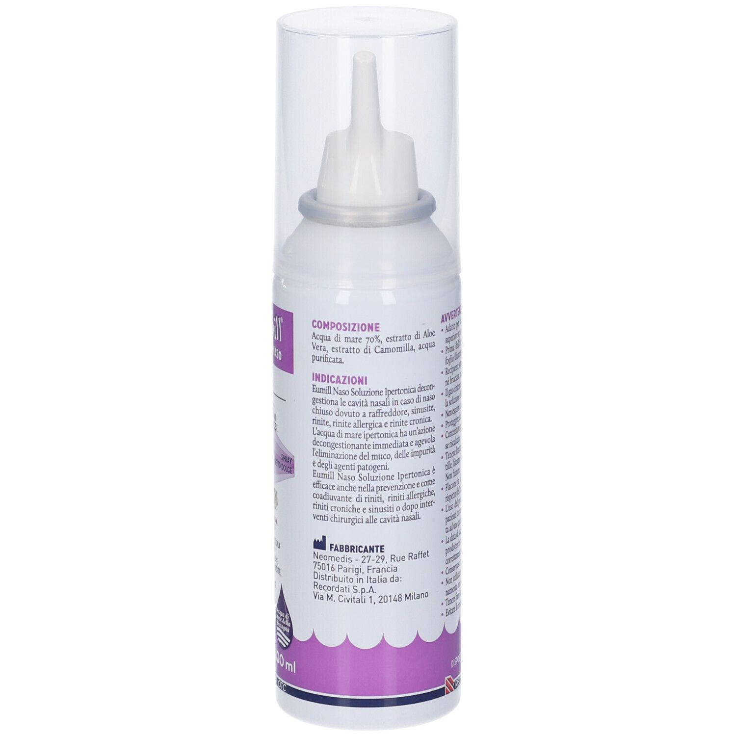 Weiße Aerosoldose mit weißem Applikator und transparenter Kappe, mit lila und grauen Akzenten.