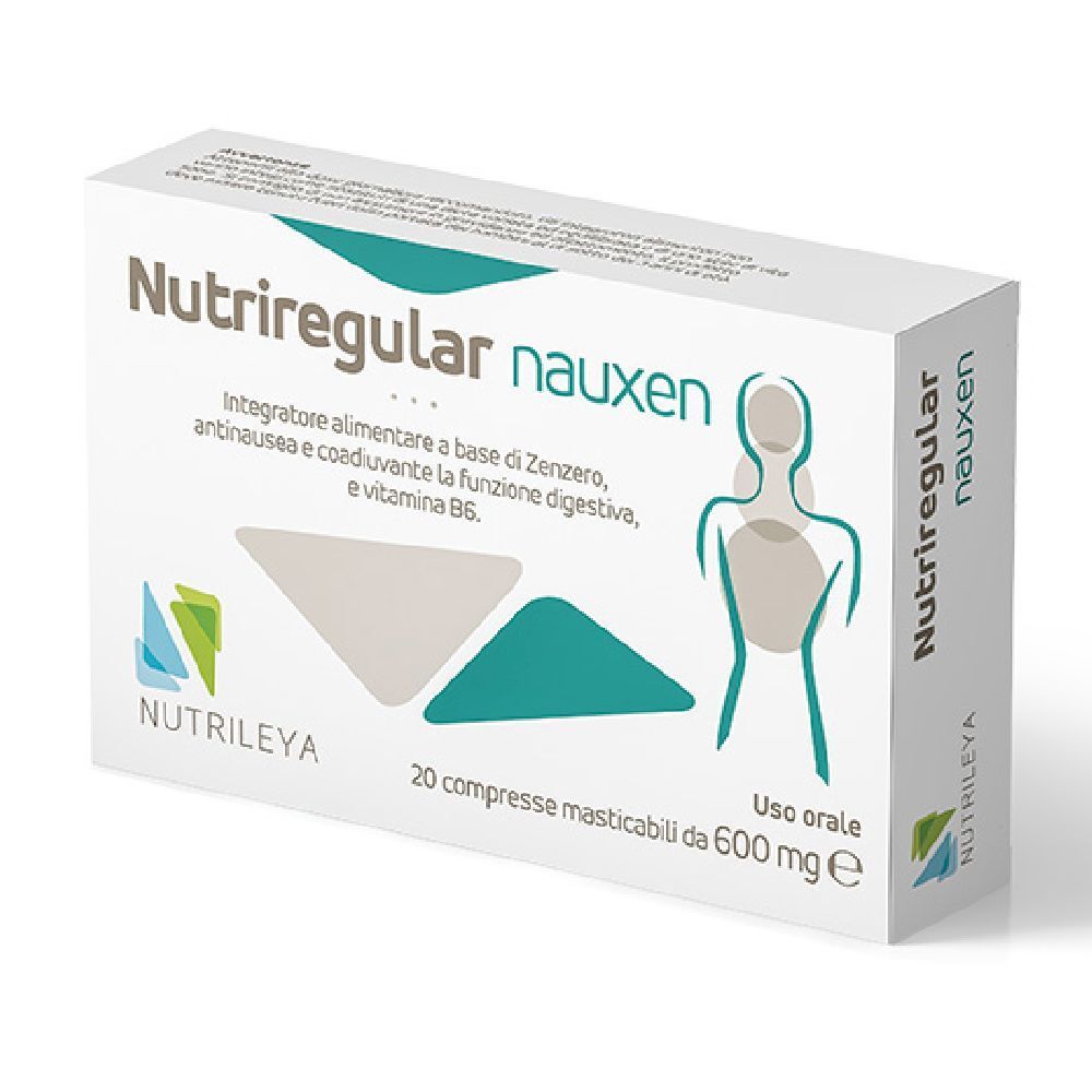Scatola bianca Nutriregular Nauxen, 20 compresse. Ingredienti: zenzero, vitamina B6. Logo Nutriley. Scritto: Integratore alimentare.