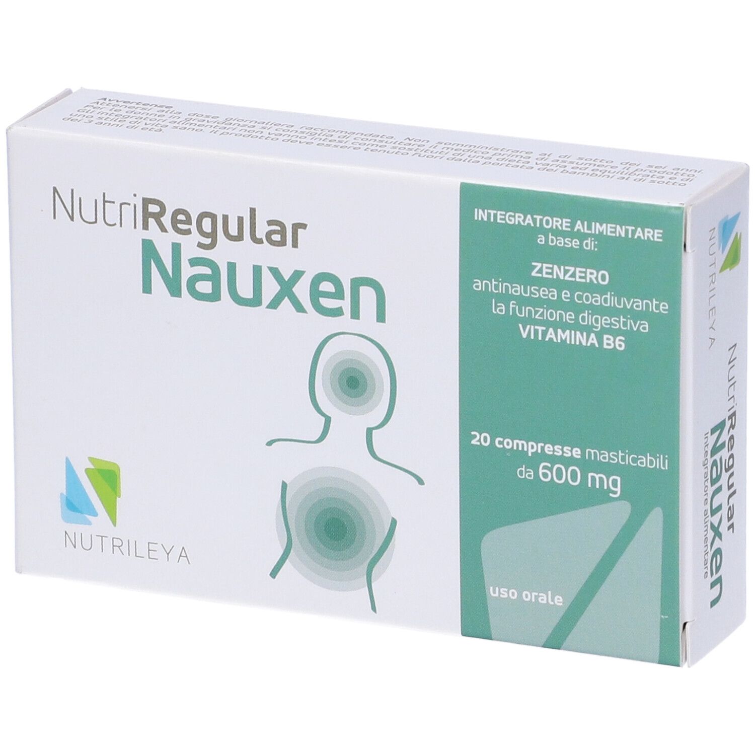Scatola bianca Nutriregular Nauxen, 20 compresse. Ingredienti: zenzero, vitamina B6. Logo Nutriley. Scritto: Integratore alimentare.