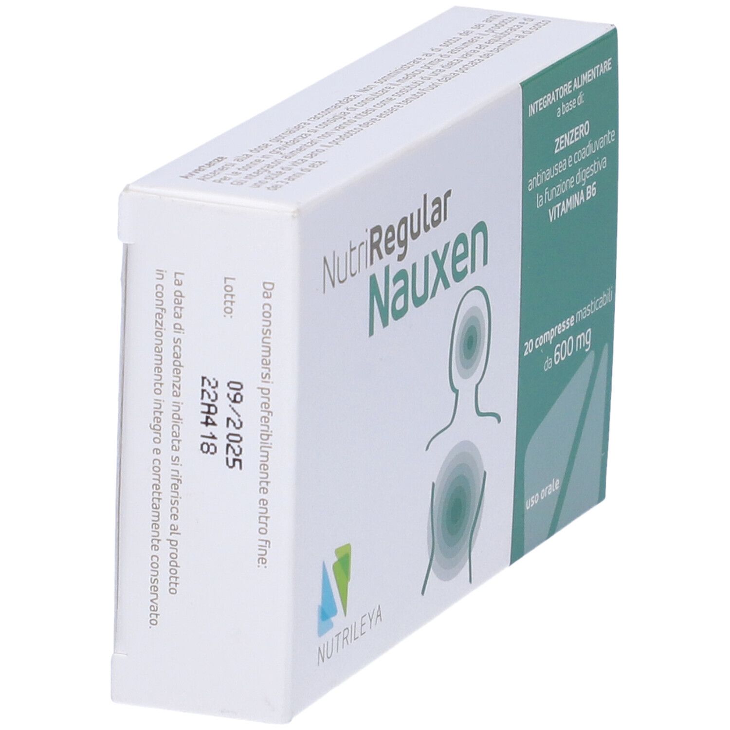 Scatola bianca Nutriregular Nauxen, 20 compresse. Ingredienti: zenzero, vitamina B6. Logo Nutriley. Scritto: Integratore alimentare.