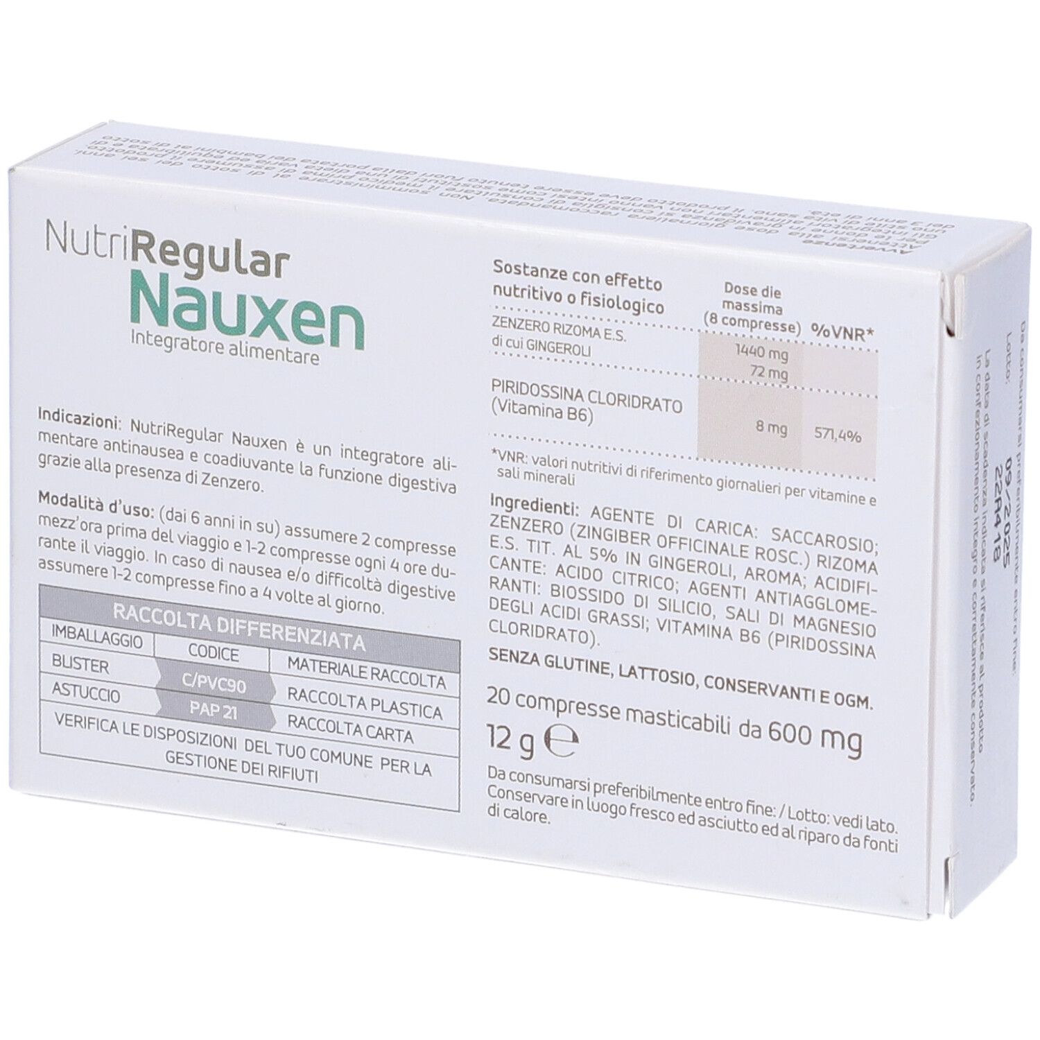 Scatola bianca Nutriregular Nauxen, 20 compresse. Ingredienti: zenzero, vitamina B6. Logo Nutriley. Scritto: Integratore alimentare.