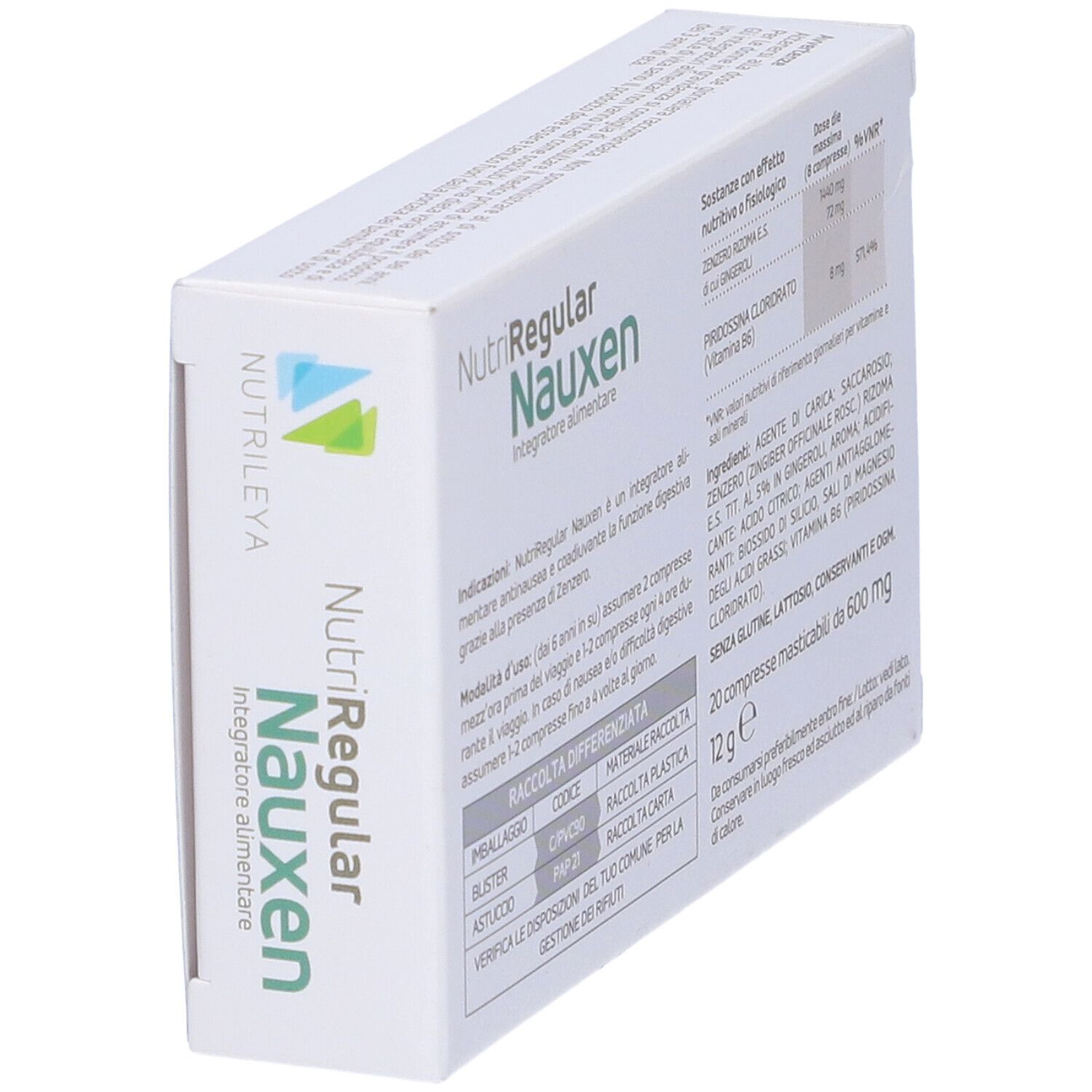 Scatola bianca Nutriregular Nauxen, 20 compresse. Ingredienti: zenzero, vitamina B6. Logo Nutriley. Scritto: Integratore alimentare.