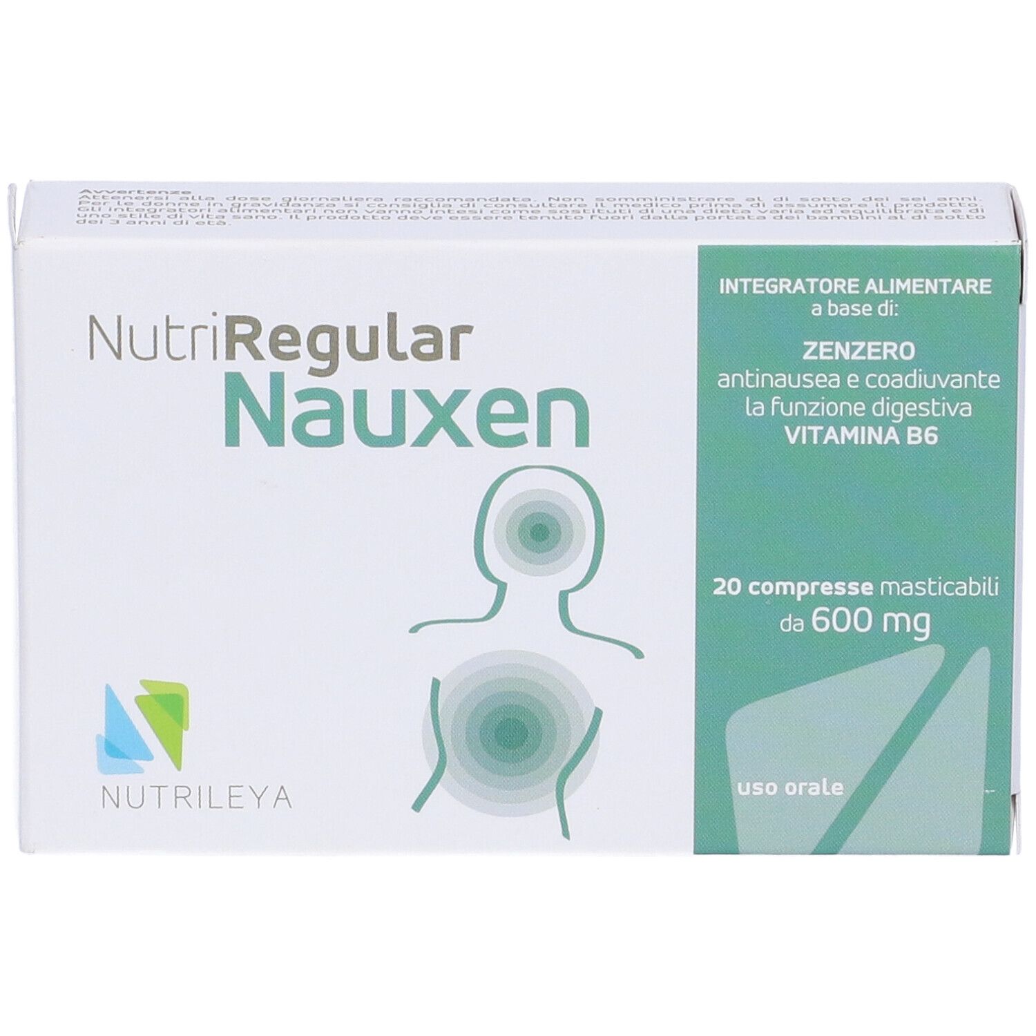 Scatola bianca Nutriregular Nauxen, 20 compresse. Ingredienti: zenzero, vitamina B6. Logo Nutriley. Scritto: Integratore alimentare.