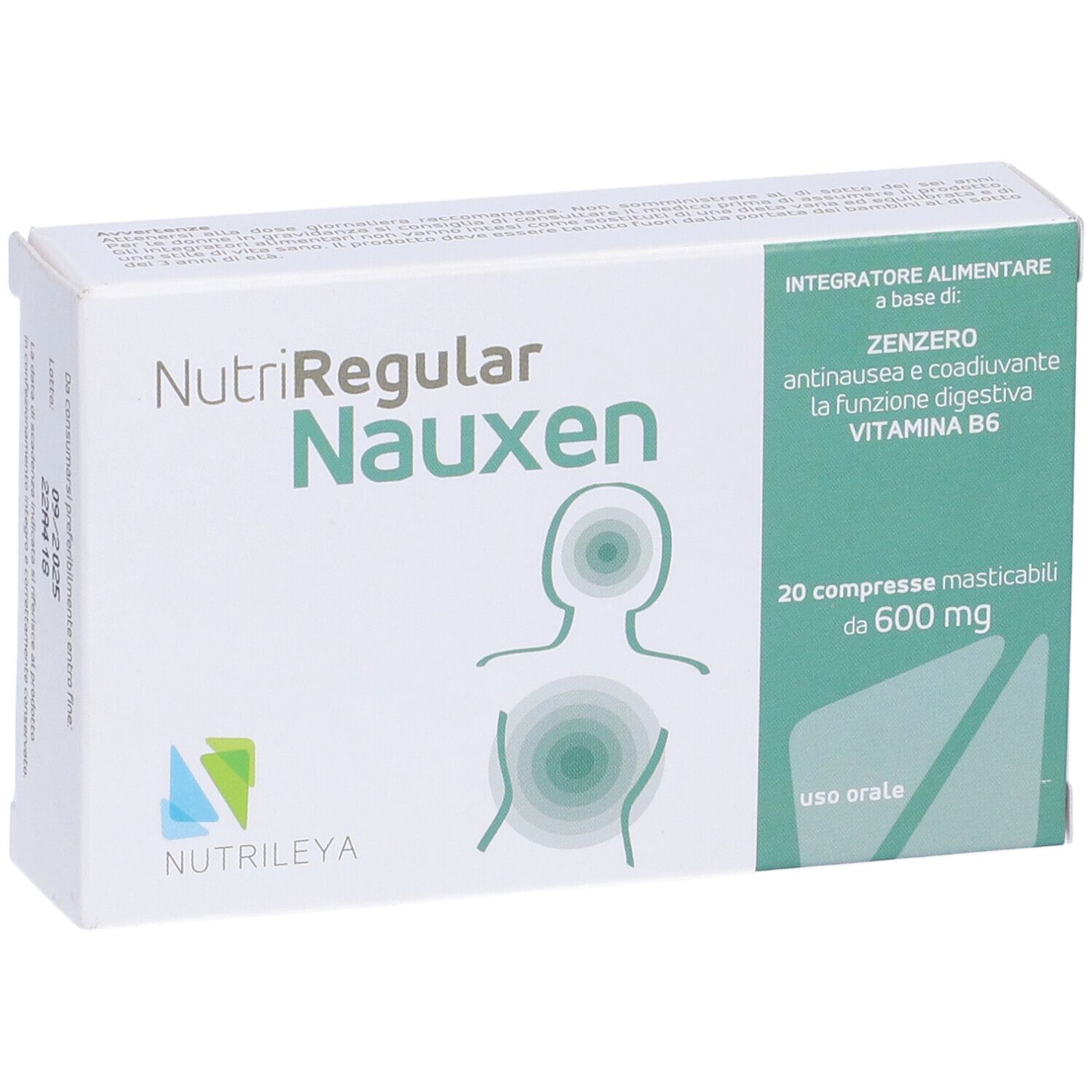 Scatola bianca Nutriregular Nauxen, 20 compresse. Ingredienti: zenzero, vitamina B6. Logo Nutriley. Scritto: Integratore alimentare.