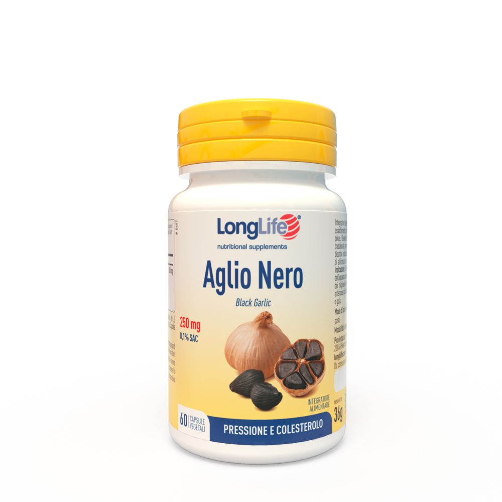 Flacone bianco con tappo giallo. Scritta Aglio Nero, 60 capsule. Immagine di aglio nero.