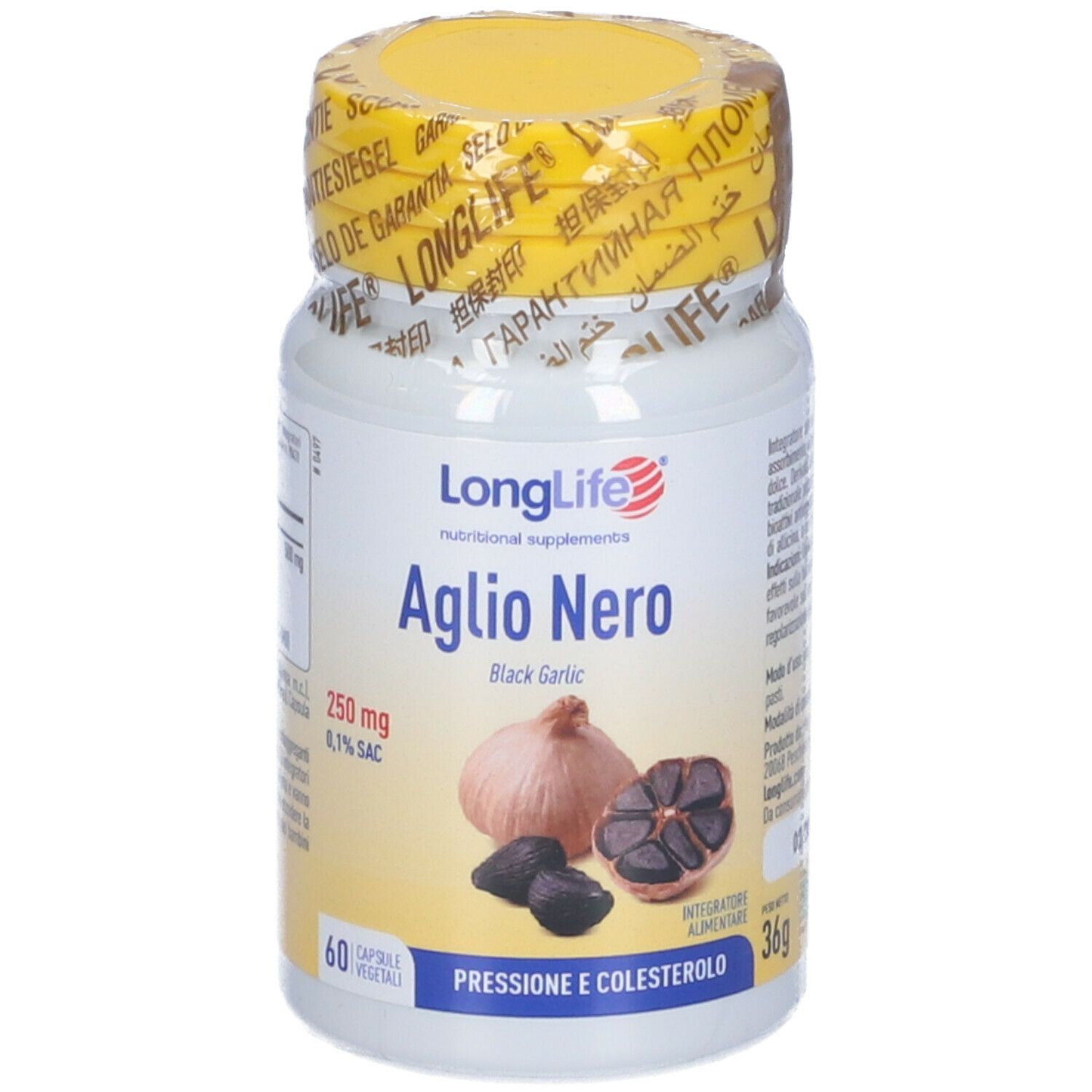 Flacone bianco con tappo giallo e sigillo. Scritta Aglio Nero, 60 capsule. Immagine di aglio nero.