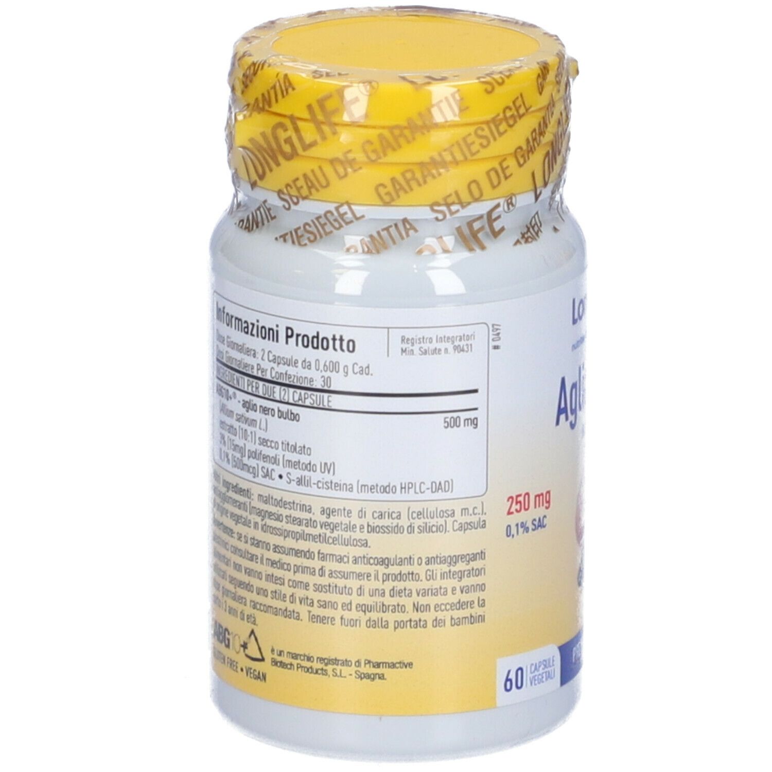 Retro del flacone con tappo giallo. Informazioni testuali e lista ingredienti. 60 capsule.