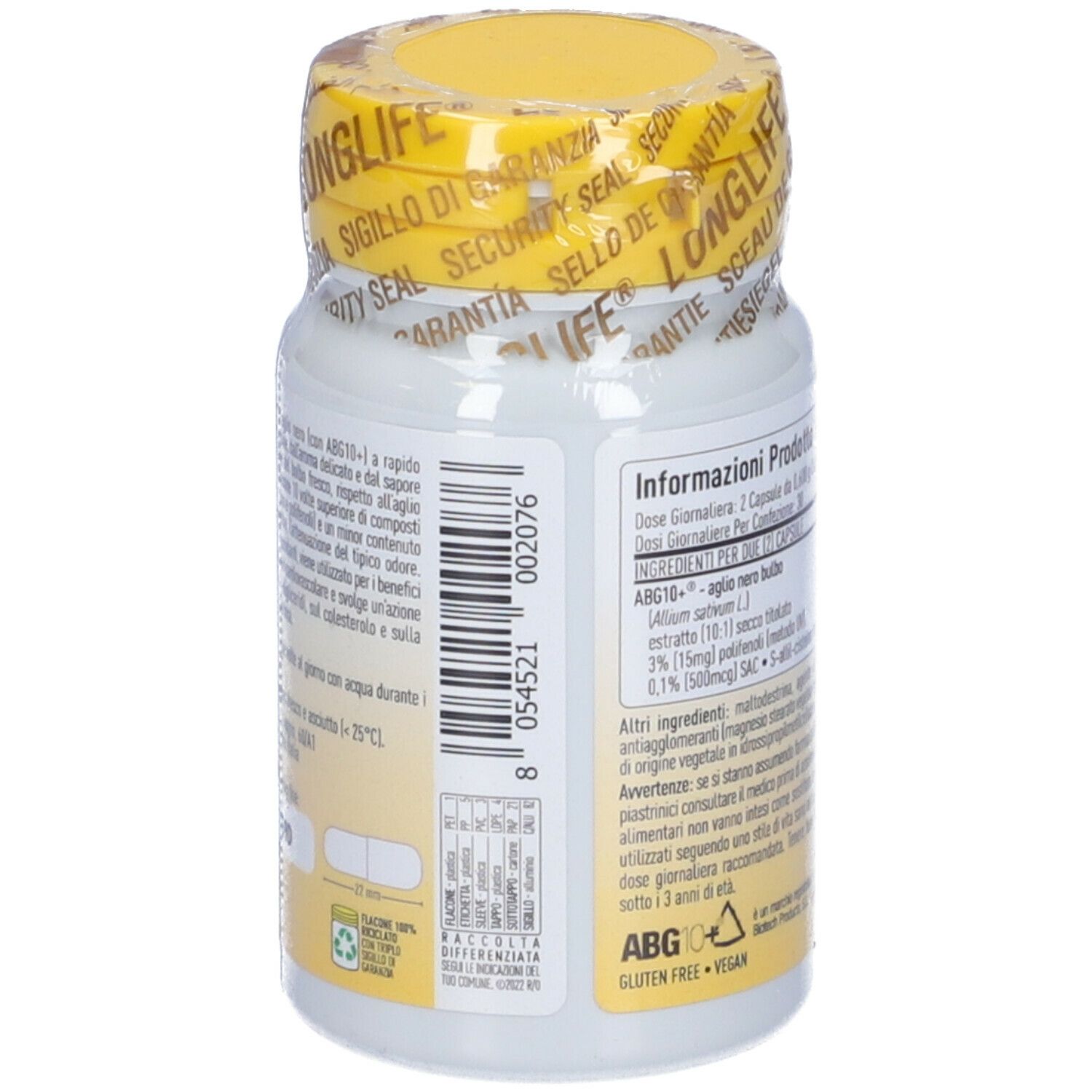 Retro del flacone con tappo giallo. Informazioni testuali e lista ingredienti. 60 capsule.
