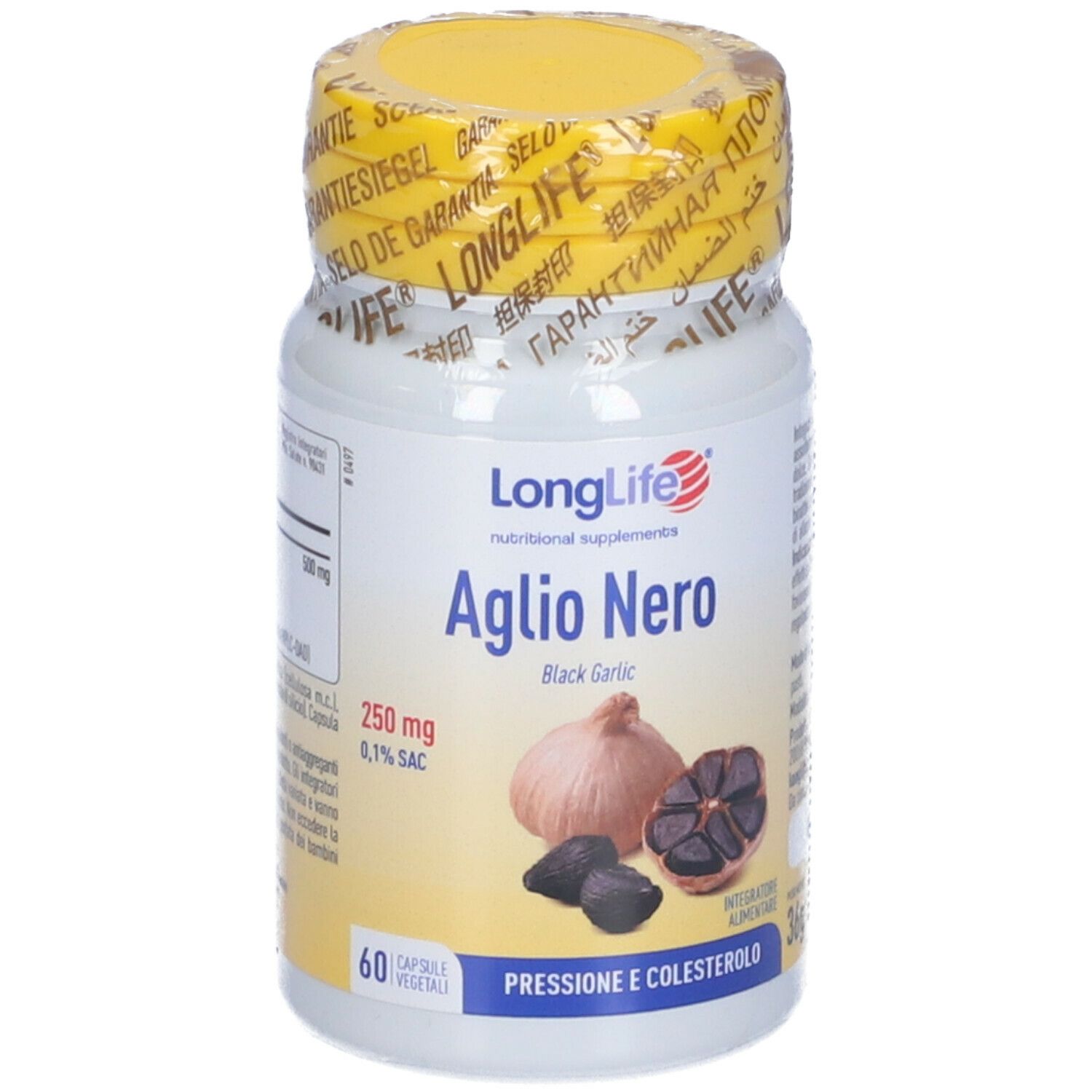 Flacone bianco con tappo giallo e sigillo. Scritta Aglio Nero, 60 capsule. Immagine di aglio nero.