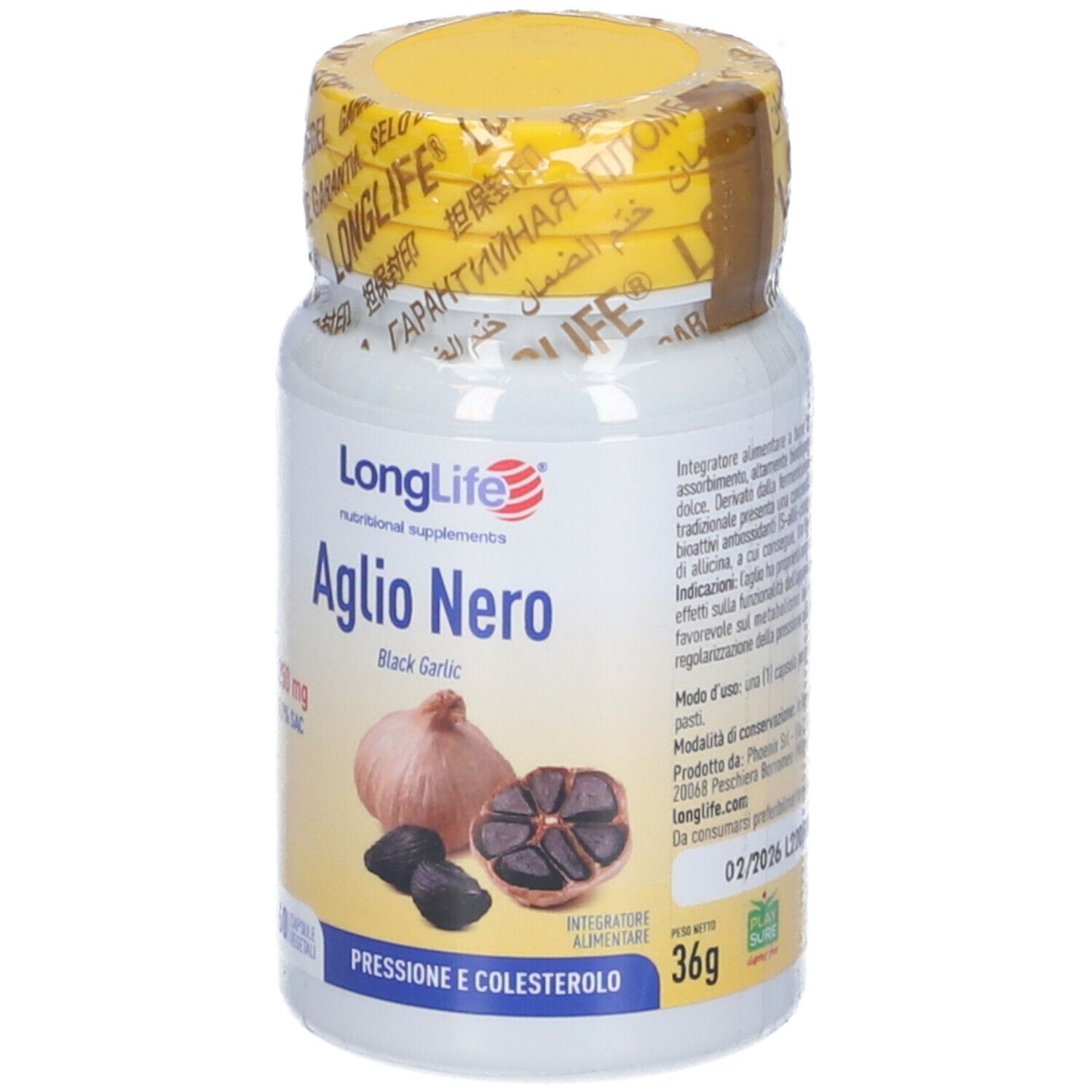 Flacone bianco con tappo giallo e sigillo. Scritta Aglio Nero, 60 capsule. Immagine di aglio nero.