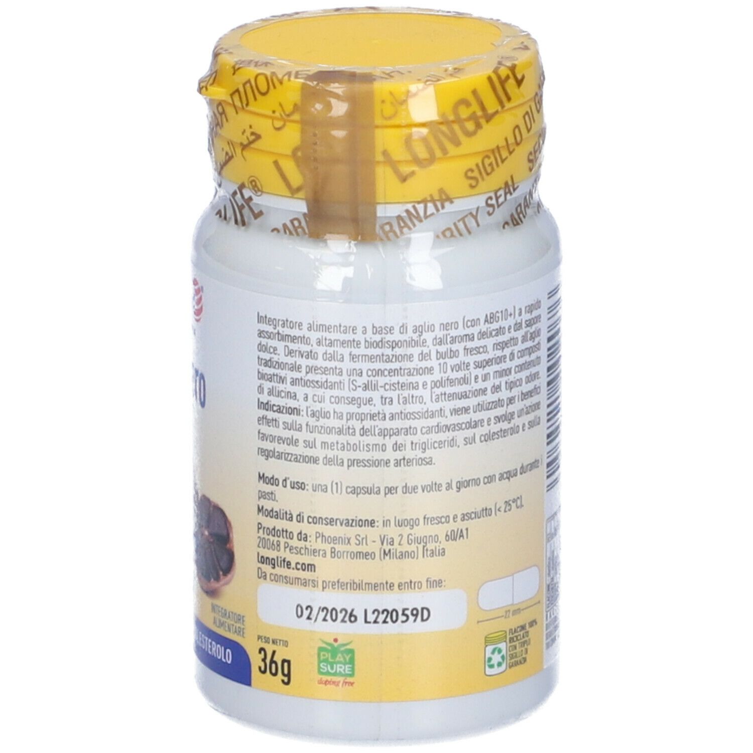 Retro del flacone con tappo giallo. Informazioni testuali e lista ingredienti. 60 capsule.