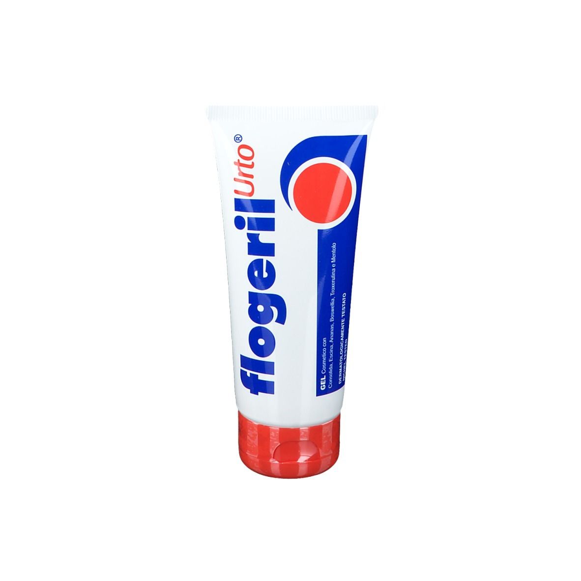 Weiß-blaue Tube mit rotem Verschluss. Aufschrift Flogeril Urto®. Gel-Formulierung.