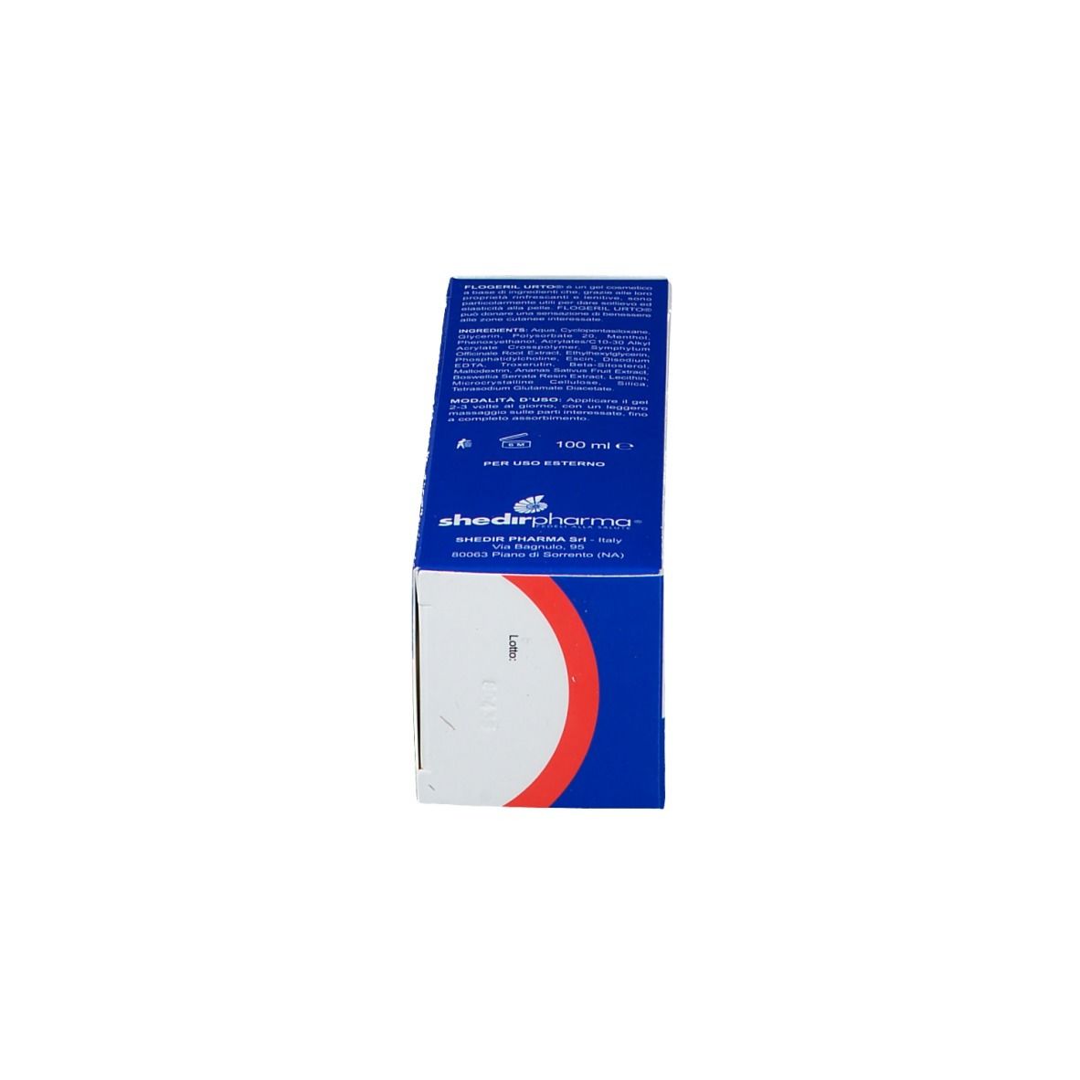 Produktverpackung. Blaue Seite mit Text. Aufschrift Shedir Pharma.