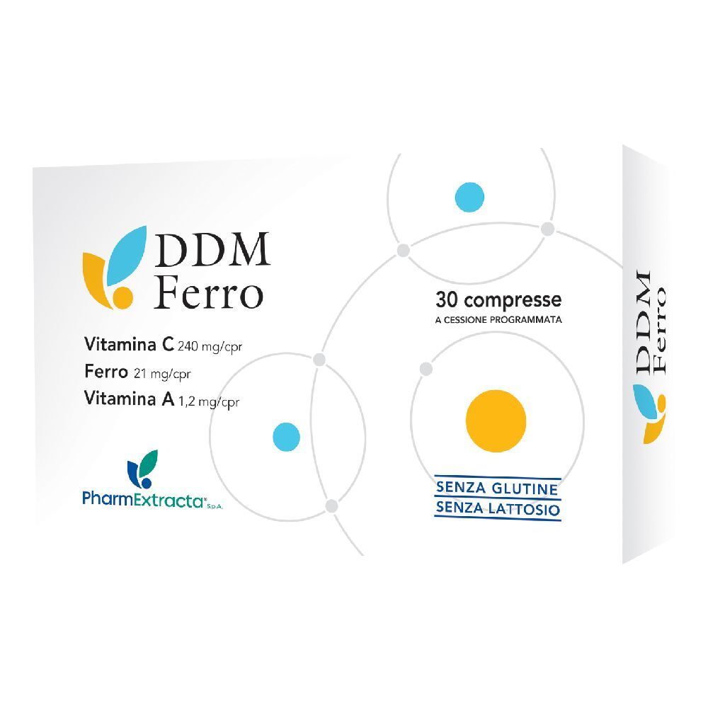 Confezione 'DDM Ferro' con 30 compresse. Contiene vitamina C, ferro e vitamina A. Senza glutine e lattosio.