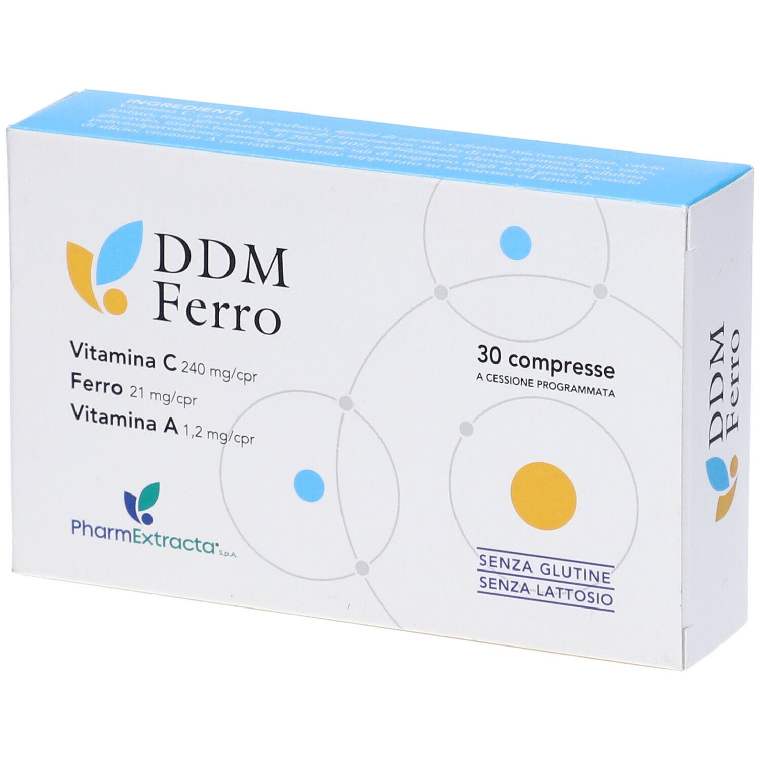 Scatola 'DDM Ferro' con 30 compresse. Contiene vitamina C, ferro e vitamina A. Senza glutine e lattosio.