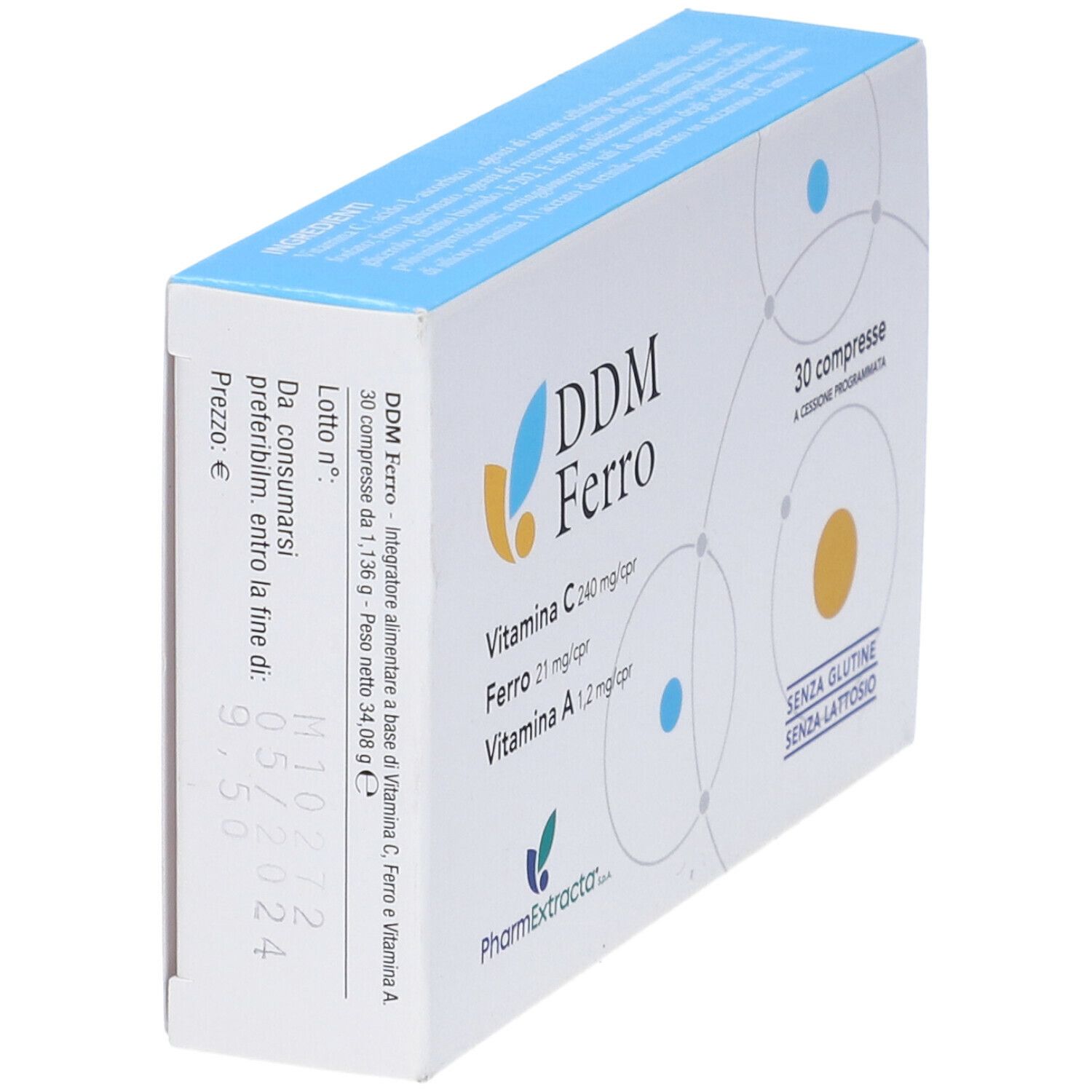 Scatola 'DDM Ferro' con 30 compresse. Contiene vitamina C, ferro e vitamina A. Senza glutine e lattosio.