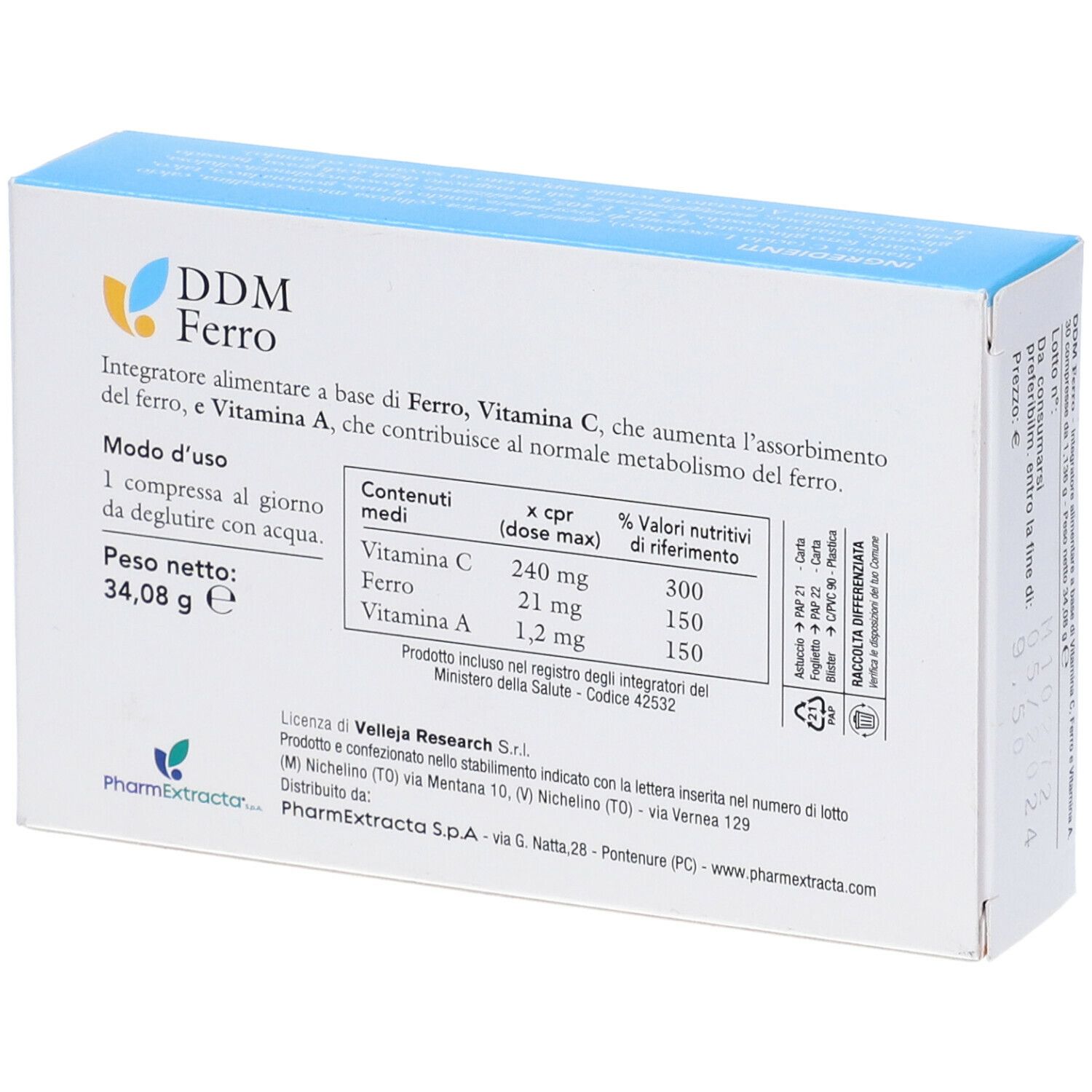 Scatola 'DDM Ferro' con informazioni nutrizionali. Contiene vitamina C, ferro e A. Peso netto: 34,08 g.