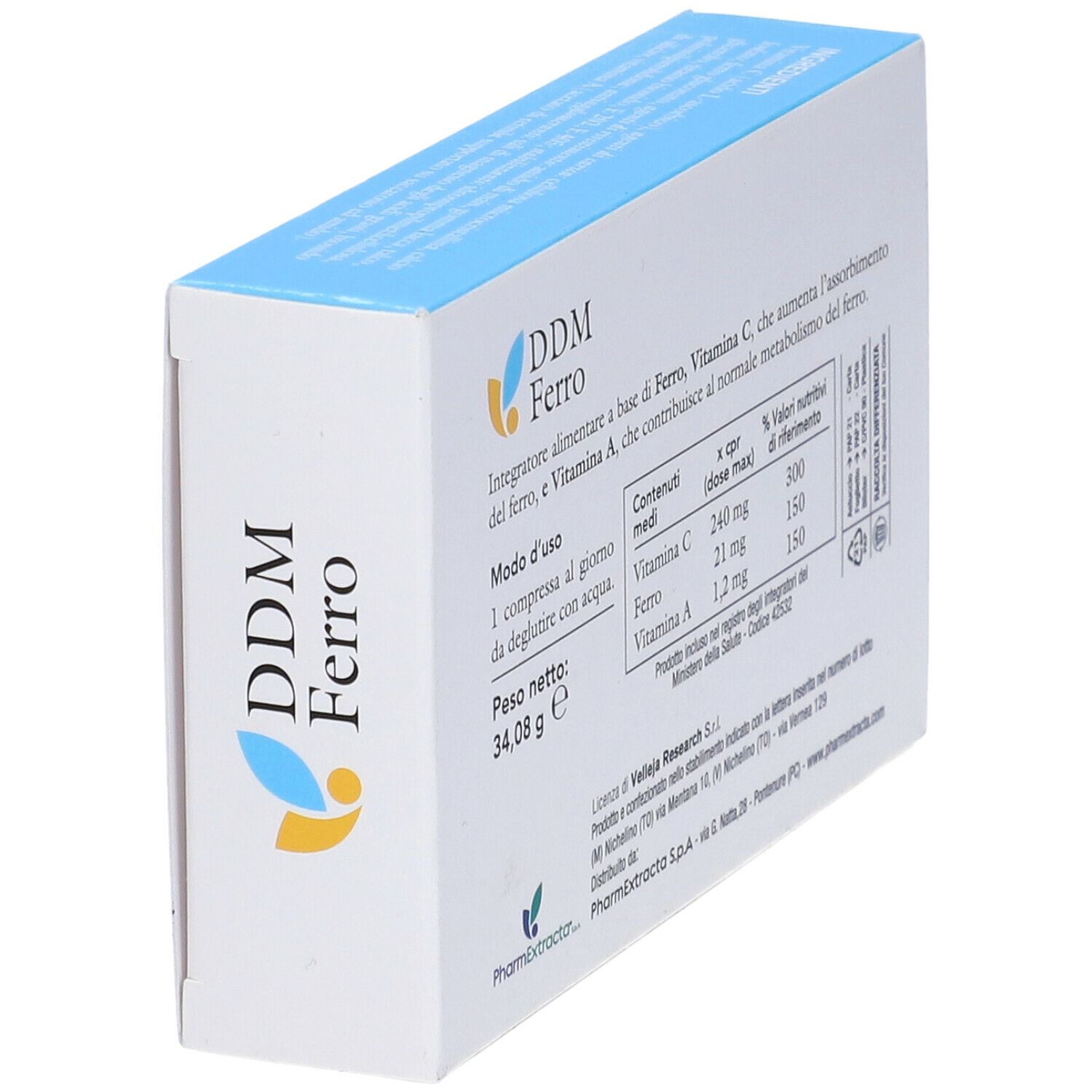 Scatola 'DDM Ferro' con informazioni nutrizionali. Contiene vitamina C, ferro e A. Peso netto: 34,08 g.
