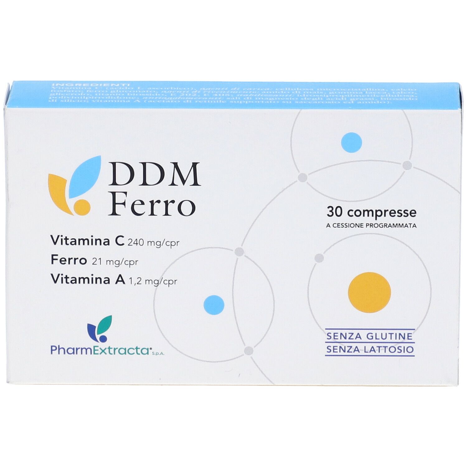 Scatola 'DDM Ferro' con 30 compresse. Contiene vitamina C, ferro e vitamina A. Senza glutine e lattosio.