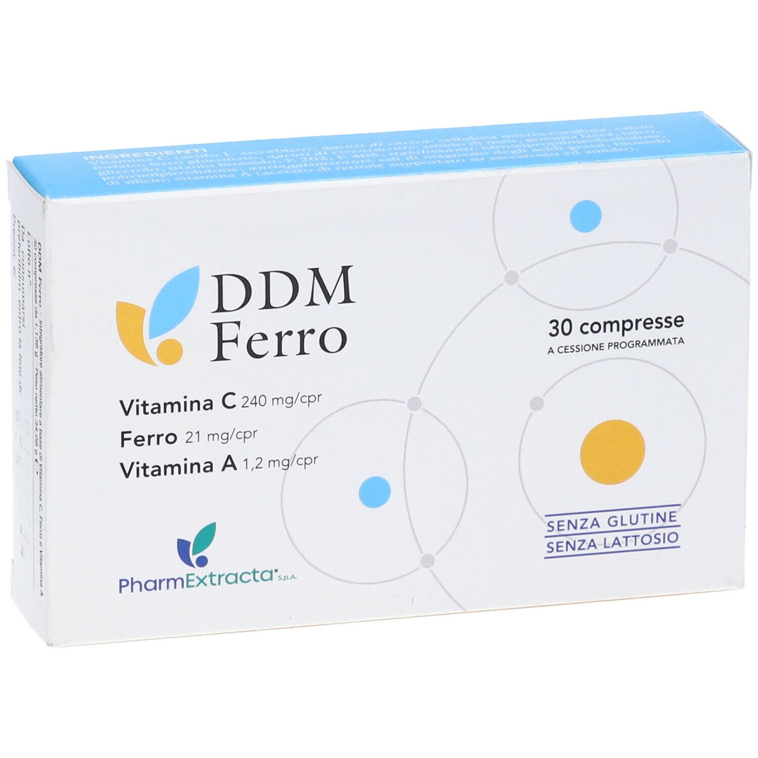 Scatola 'DDM Ferro' con 30 compresse. Contiene vitamina C, ferro e vitamina A. Senza glutine e lattosio.