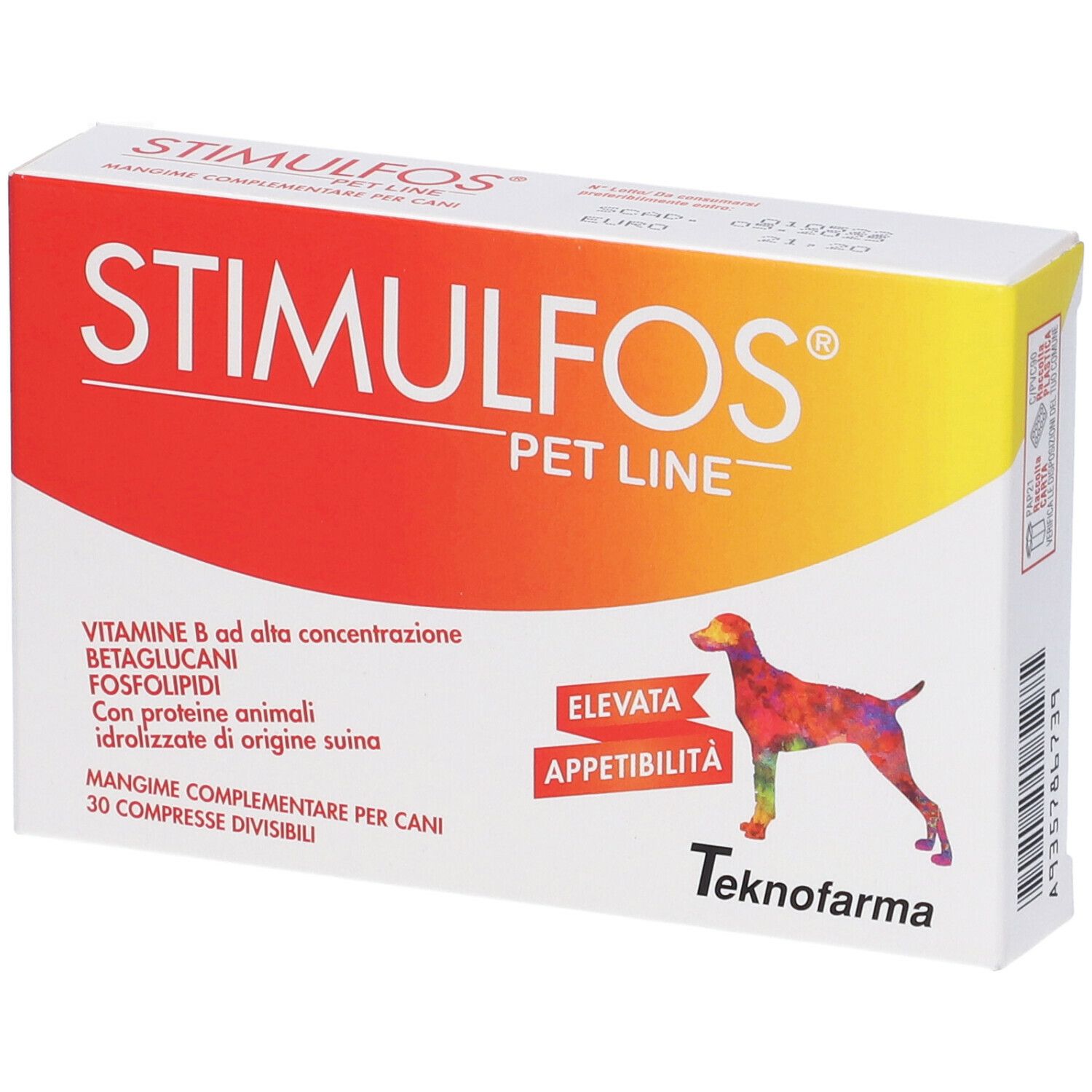 Confezione rossa e gialla. Testo: STIMULFOS PET LINE. Contiene compresse per cani. Immagine di un cane colorato.