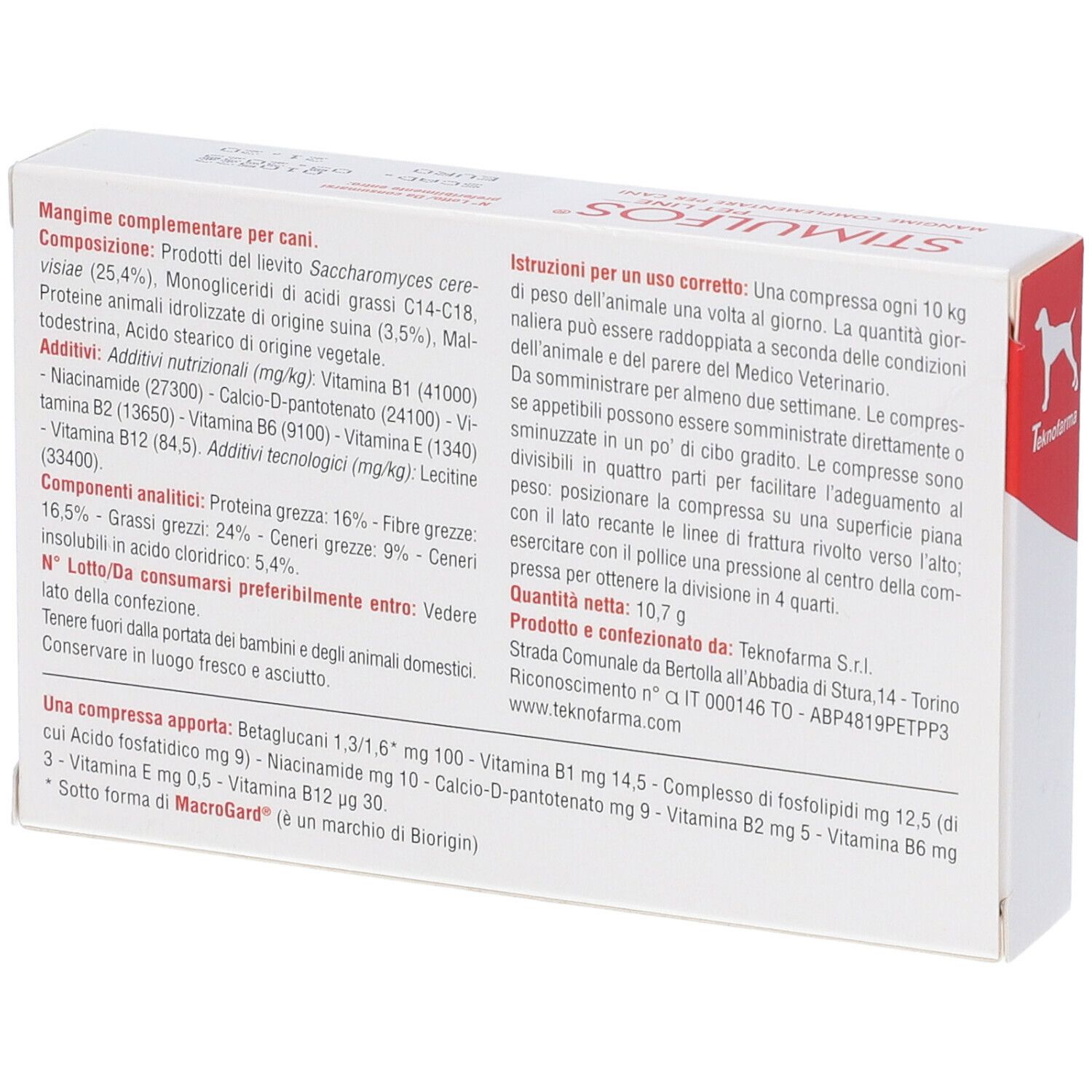 Retro della confezione. Testo: STIMULFOS PET LINE. Contiene informazioni su ingredienti e uso. Immagine di un cane.