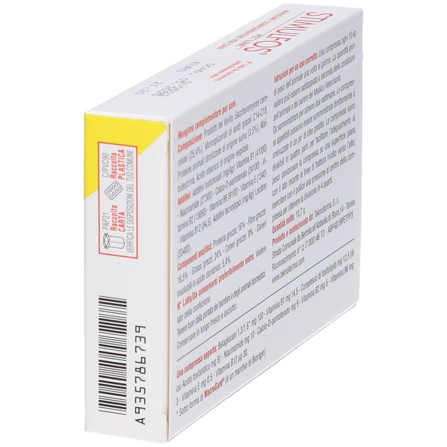 Confezione rossa e gialla. Testo: STIMULFOS PET LINE. Contiene compresse per cani. Immagine di un cane colorato.