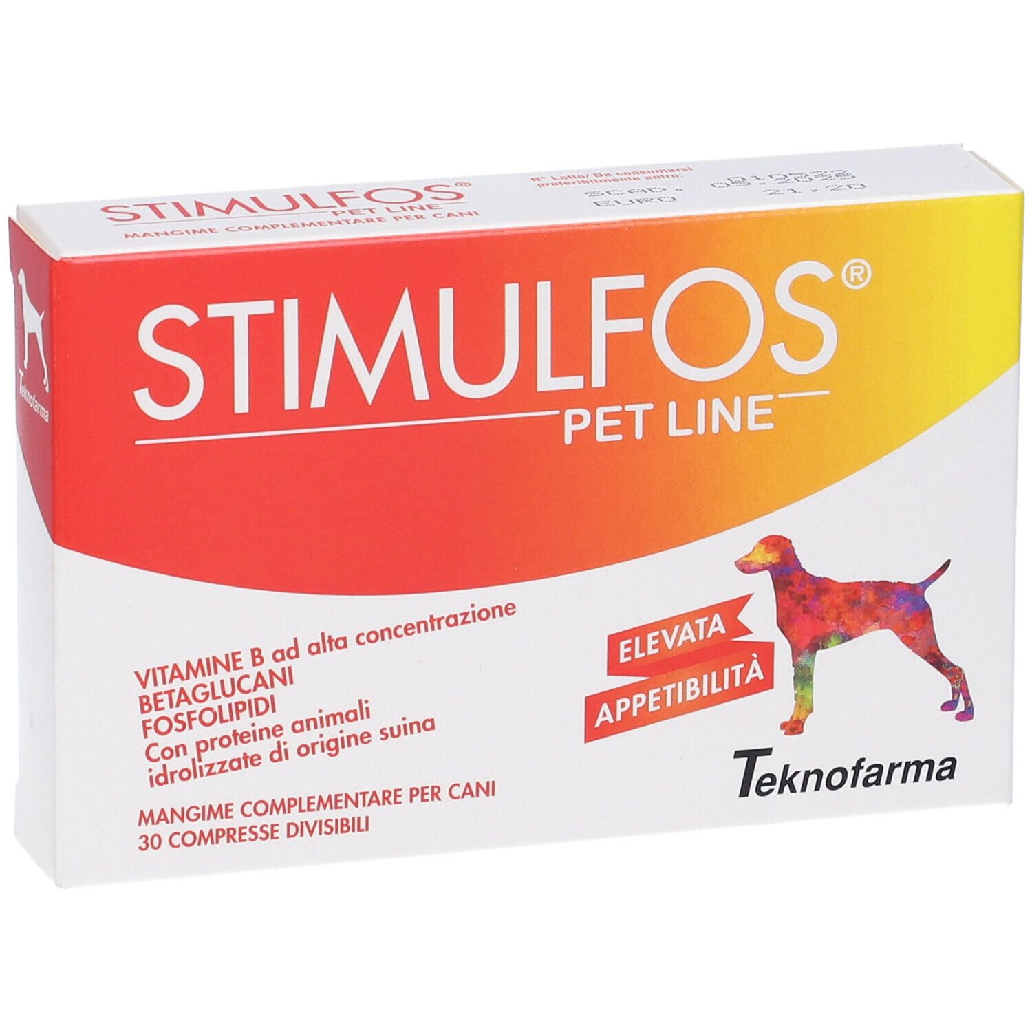 Confezione rossa e gialla. Testo: STIMULFOS PET LINE. Contiene compresse per cani. Immagine di un cane colorato.