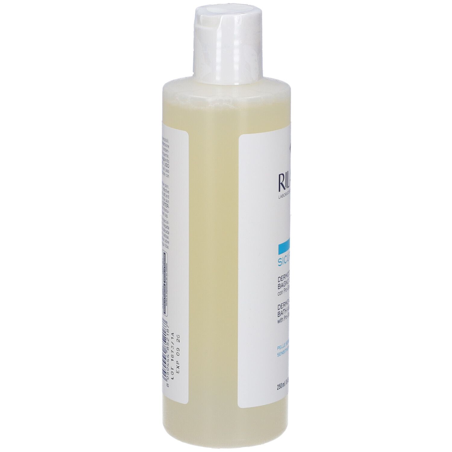 RILASTIL® Sicurphase Dermo-Cleansing Bath and Shower. Flasche, Rückseite. Text und Barcode. Weißer Deckel.