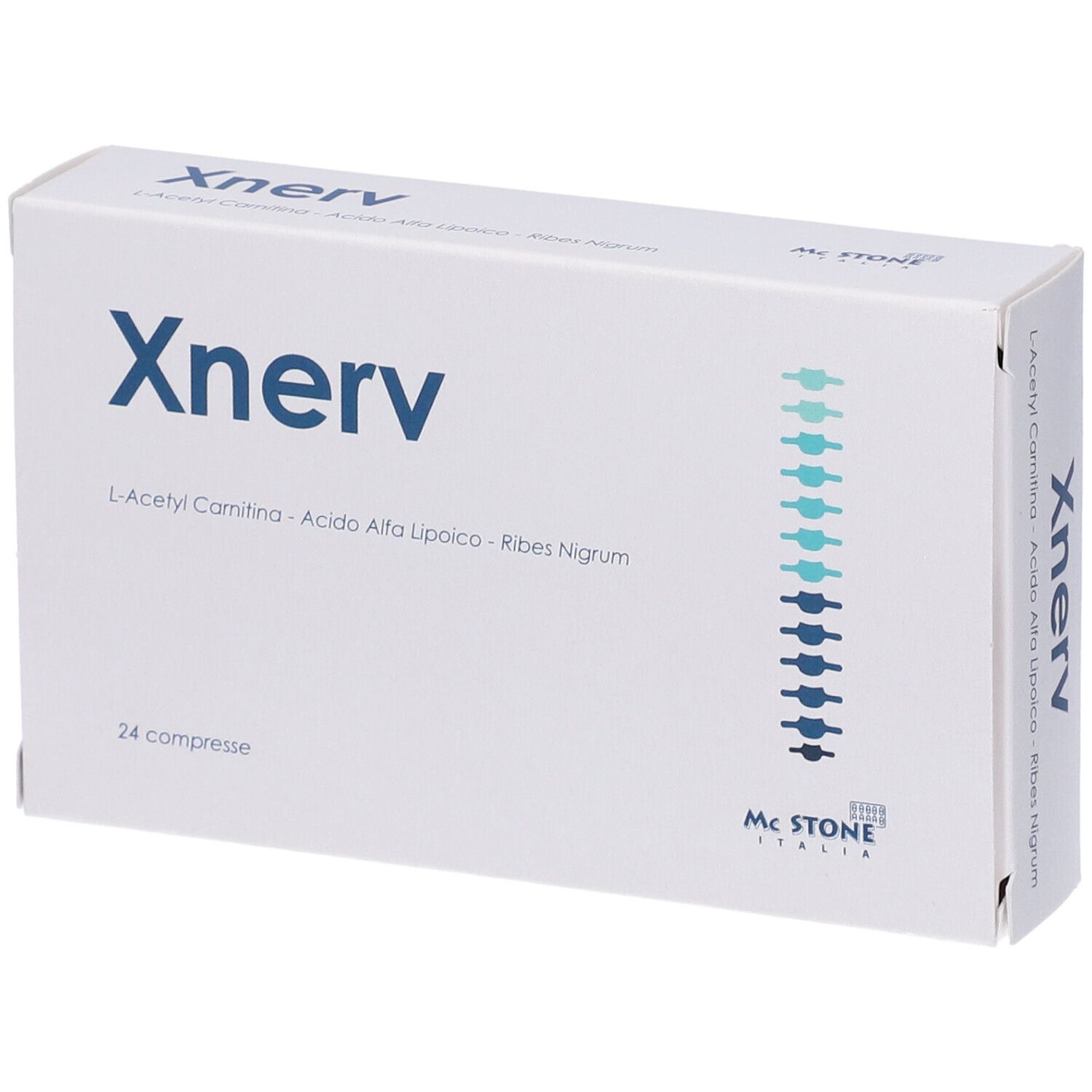 Scatola di compresse Xnerv. Scritta blu, linea verde. Contiene L-Acetilcarnitina, Acido Alfa Lipoico, Ribes Nigrum. 24 compresse.