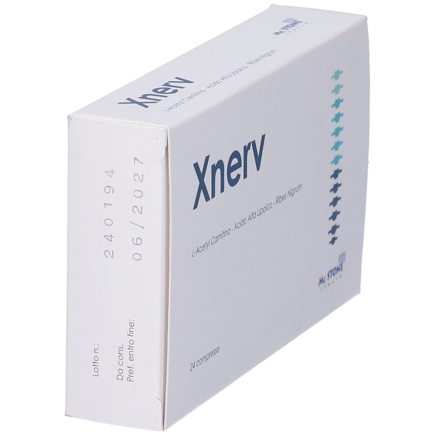 Scatola Xnerv, vista laterale. Contiene L-Acetilcarnitina, Acido Alfa Lipoico, Ribes Nigrum. Scadenza 06/2027. Numero di lotto.